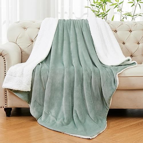 Miniatura 2 de Andency Manta para sofá  Manta de forro polar Sherpa suave, cálida y gruesa para invierno, color verde salvia, manta reversible de felpa para sofá y