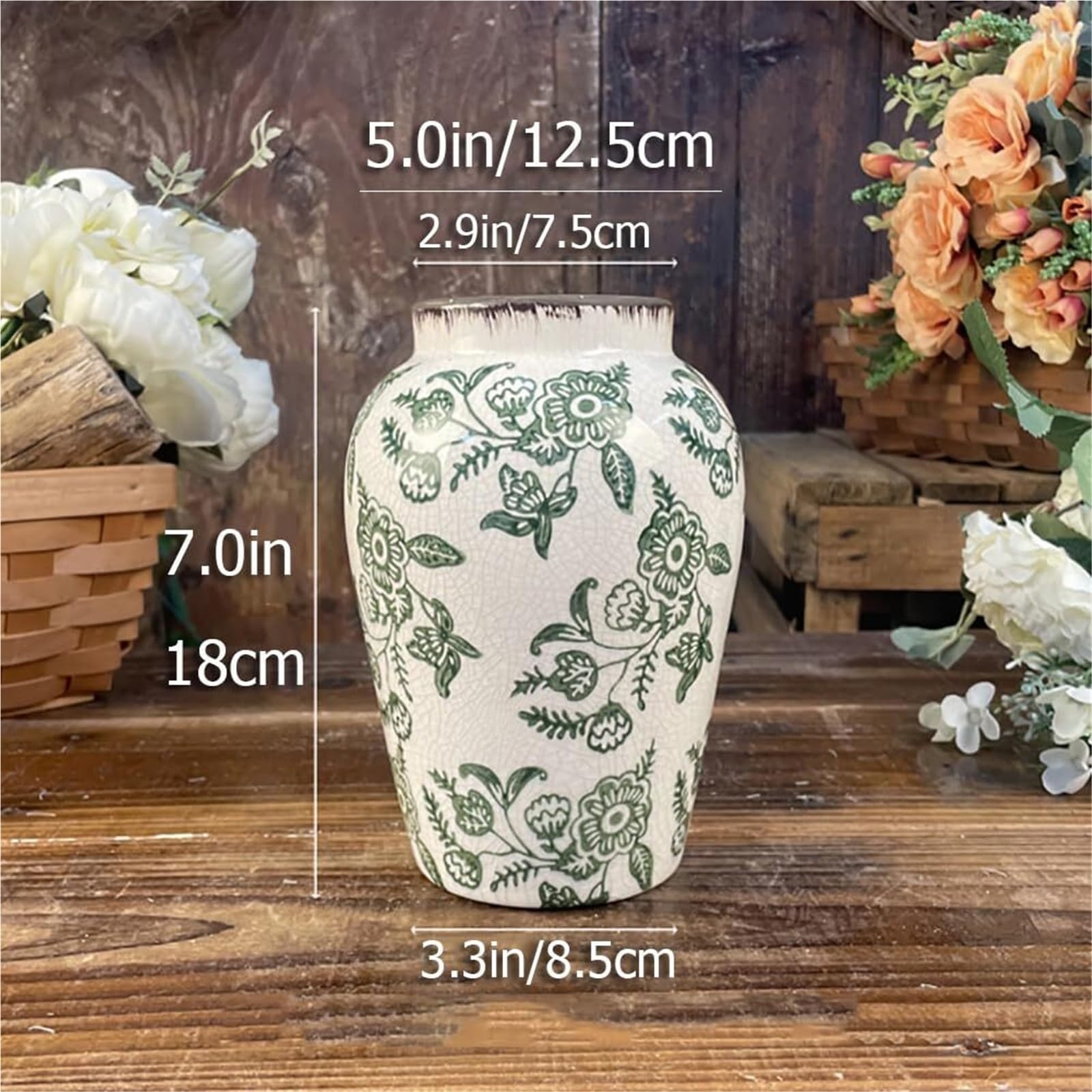 Wazony na kwiaty w stylu vintage, zielone ceramiczne wazony na kwiaty, rozbity wazon chinoiserie, doniczka ze szkła imbirowego, dekoracja stołu (A)