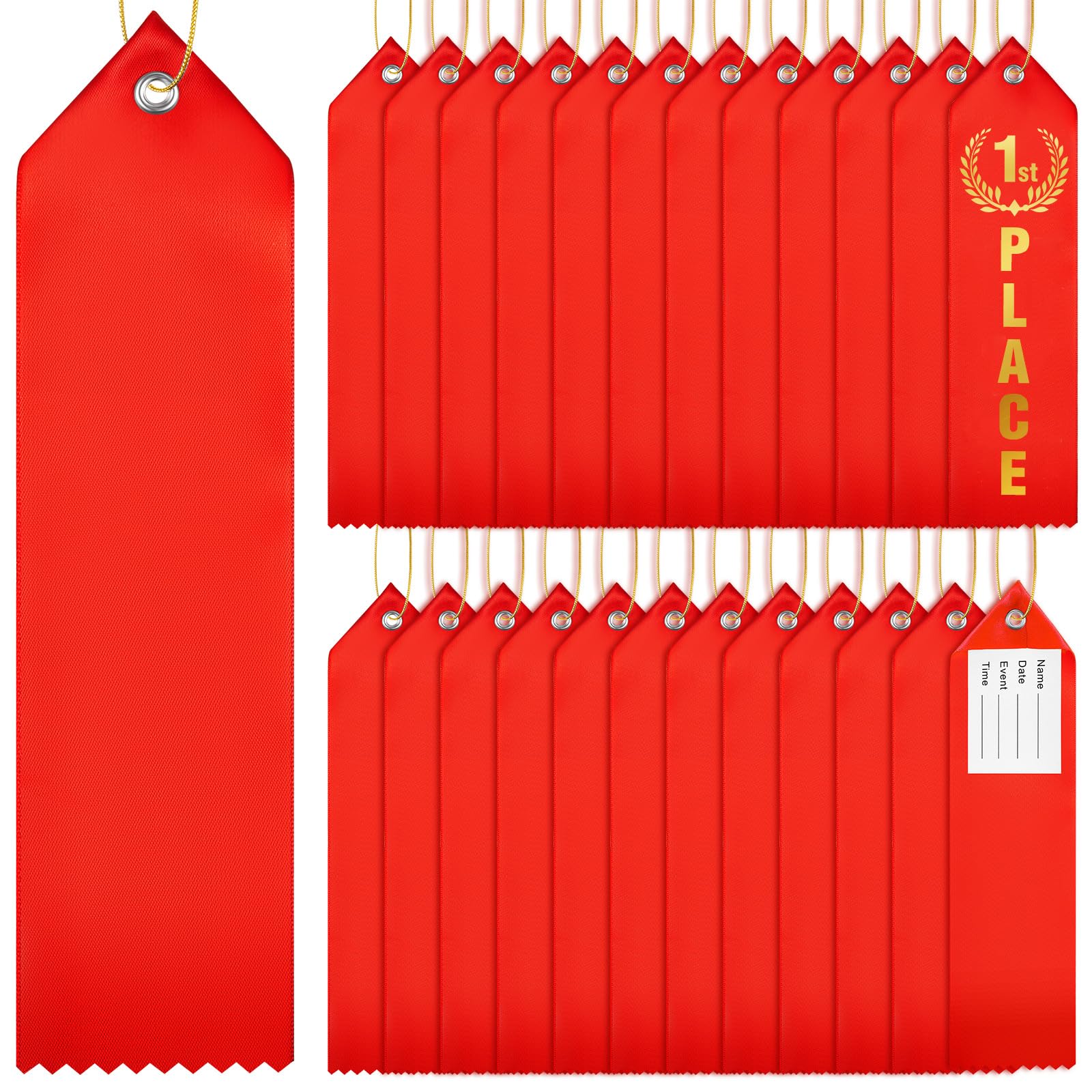 Lyrow 36 cintas de premio en blanco para medallas, cintas de premio con tarjeta adjunta y cuerda para competiciones, eventos deportivos, 1º, 2º, 3er lugar (rojo)