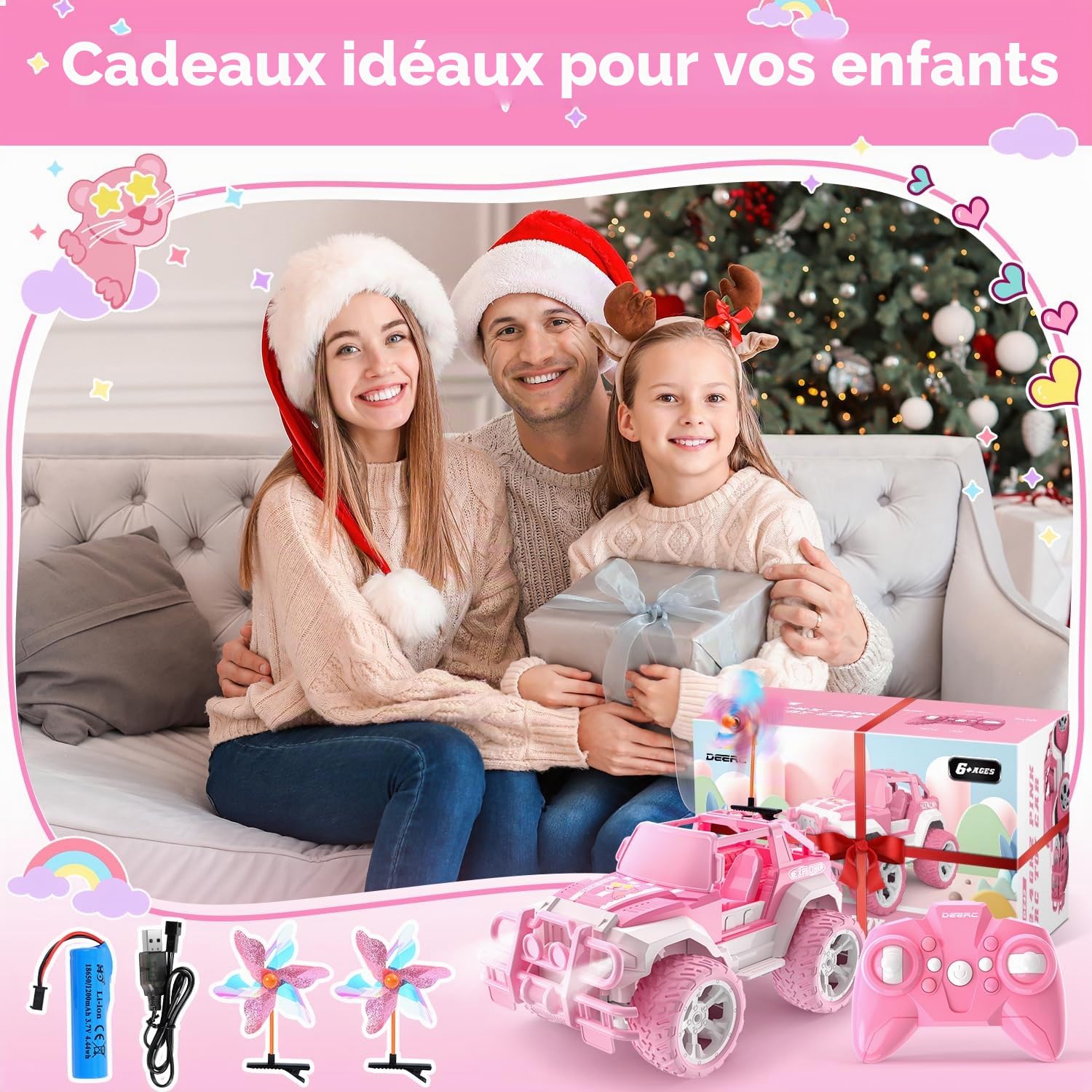 DEERC 1:18 Jeep Rose Voiture télécommandée Fille Phare LED 2.4GHz Monster Truck Voiture Tout-Terrain pour 6 7 8 9 Ans Garçons et Filles RC Voiture Jouet Cadeau Filles 6 Ans et Plus