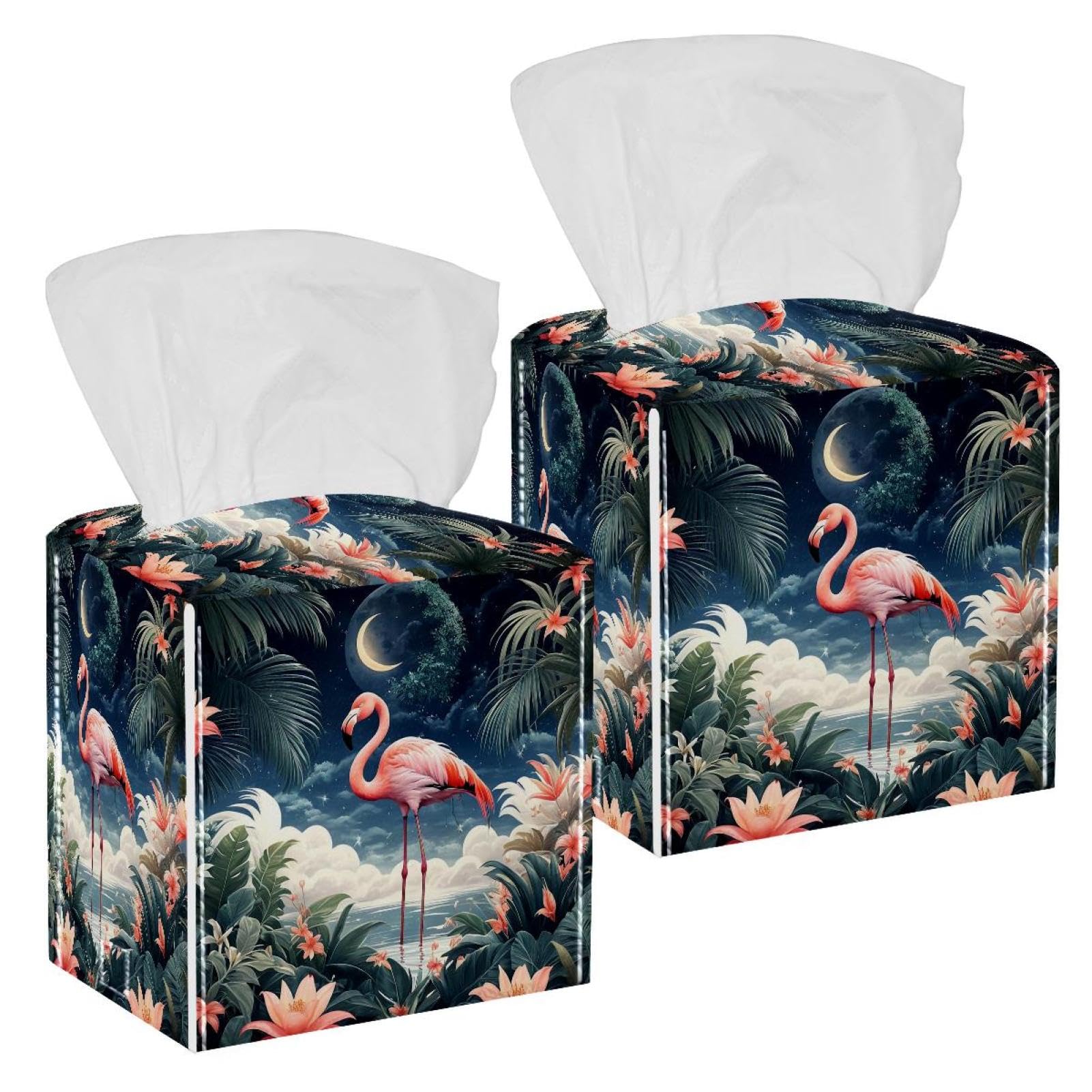 Flamingo Tissue Box Cover, 2 Pack PU Leather Square Facial Tissue Dispenser Box holder for Home Office Car