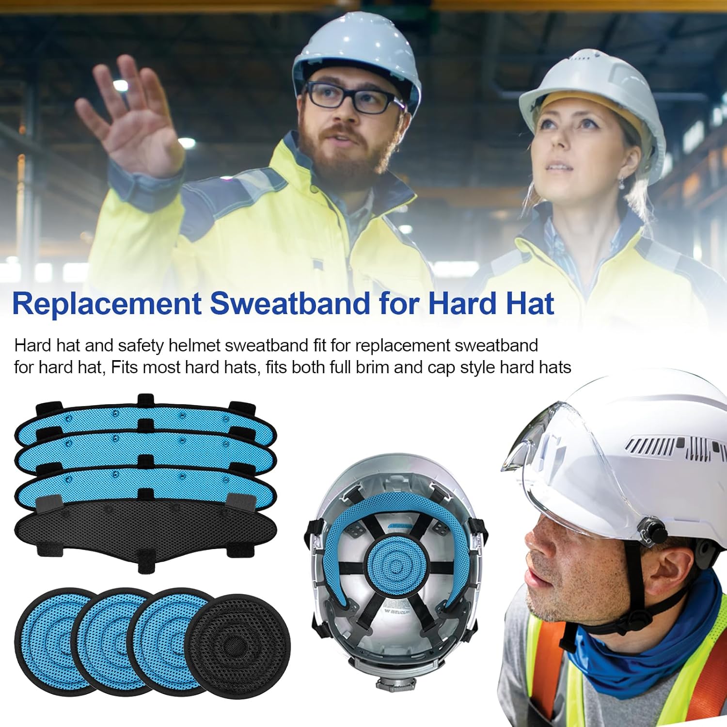 Hard Hat Top Pads and Sweatbands for Safety Helmet, Washable Reusable Hardhat Sweatband Cooling Liners Air Cushion Hard Hat Accessories, Suspension Sweat Band Replacement, Blue, 8 PCS