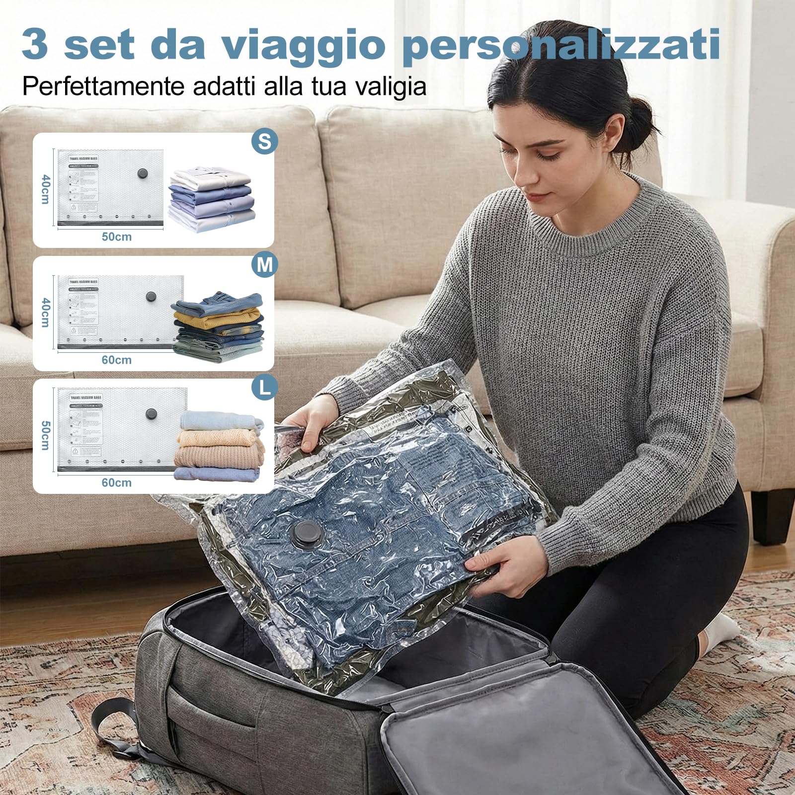 Sacchetti Sottovuoto Vestiti con Pompa Elettrica Wireless 2x40x50cm, 2x40x60cm, 2x50x60cm,Carehabi Buste Sottovuoto Salvaspazio per Valigia, Sacchi Sottovuoto Piumoni e Vestiti da Viaggio, USB-C