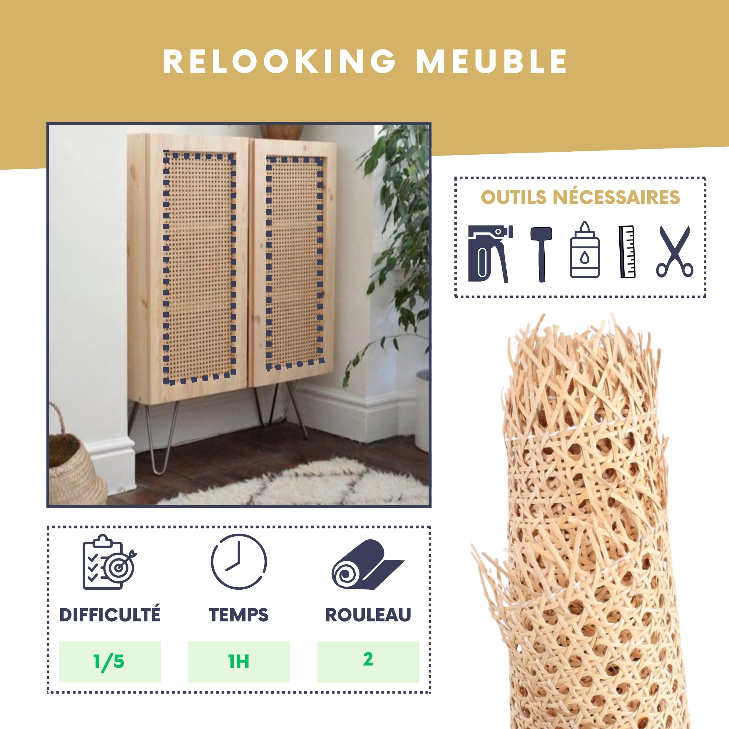 Cannage, Rouleau de Cannage pour Meuble, Cannage en Rotin Naturel, Décoration & Vannerie, Cannage Traditionnel à la française, pour Un Rendu Esthétique et Résistant, Idéal pour Le DIY