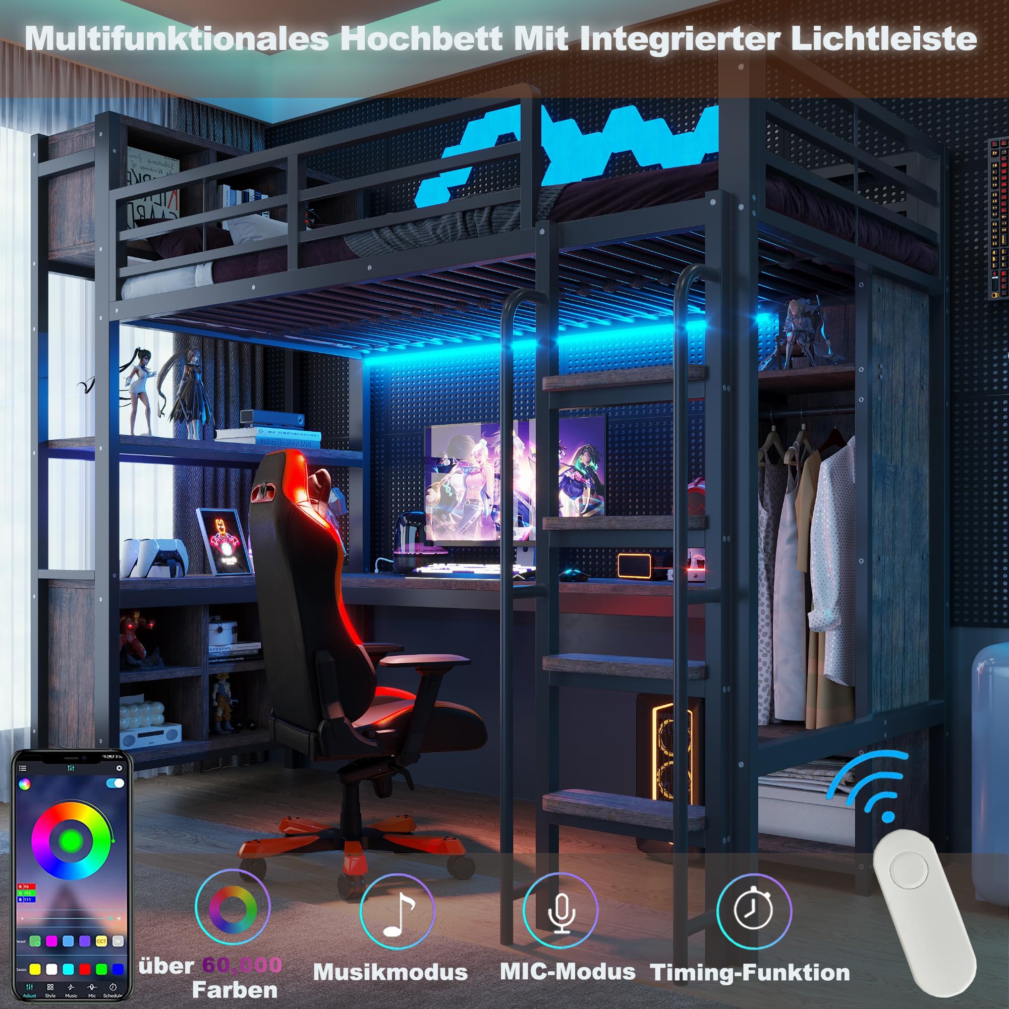 Letto a Soppalco Gaming per Cameretta, con Scrivania, Luci LED, Presa Elettrica, Armadio, Ripiani e Scaffali Aperti, Scala Larga, Metallo Robusta, per Adolescenti e Adulti (90 x 200 cm - Singolo)