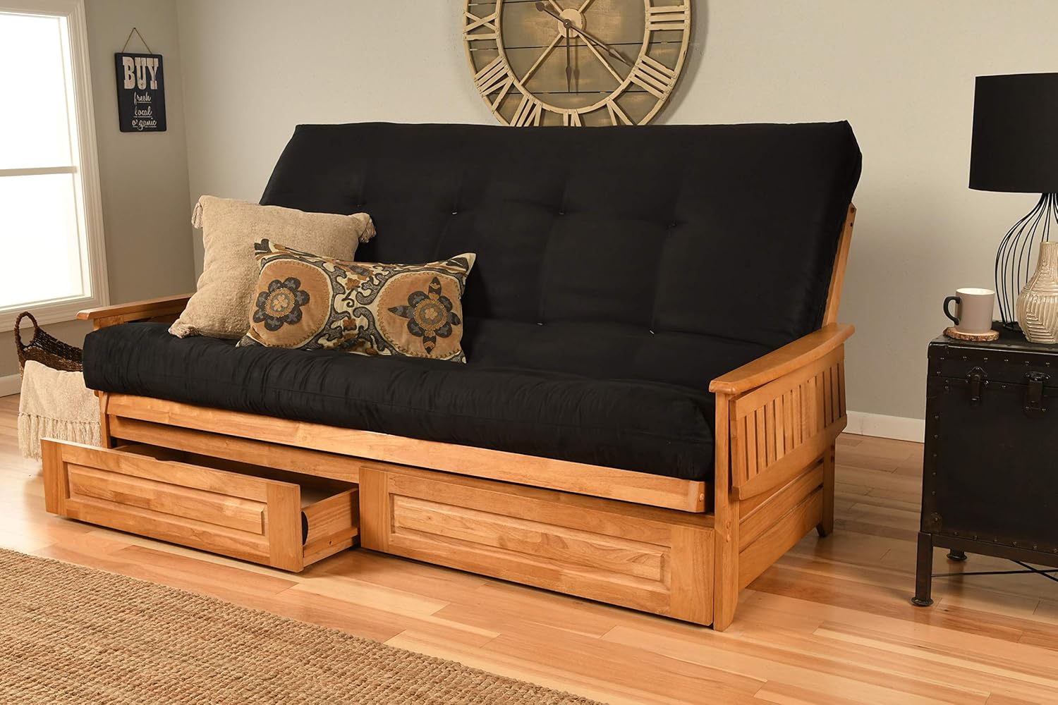 Queen Size Phoenix Wood Frame, Drawers and 8 inch Mattress Set Honey Brown Finish w/Folding Trays Living Room or Den (Frame w/Black Mattress w/Drawers)