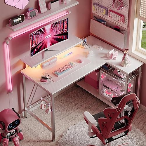 Miniatura 6 de Bestier Escritorio para computadora blanco con puerto de carga y regleta LED, escritorio de juegos moderno de 42 pulgadas con estantes de