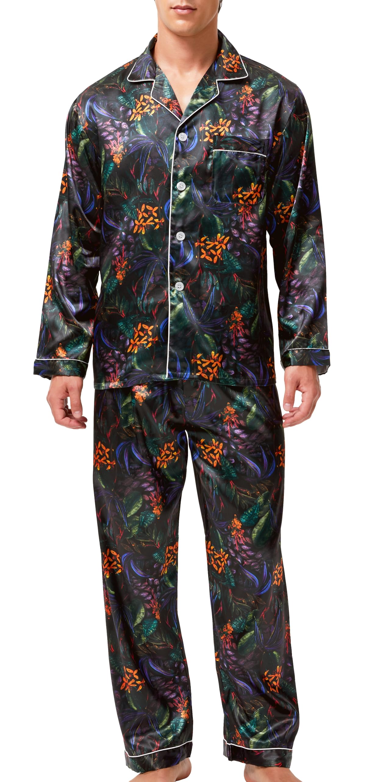 Men's Satin Pajamas Long Button-Down Pj Set Sleepwear Loungewear