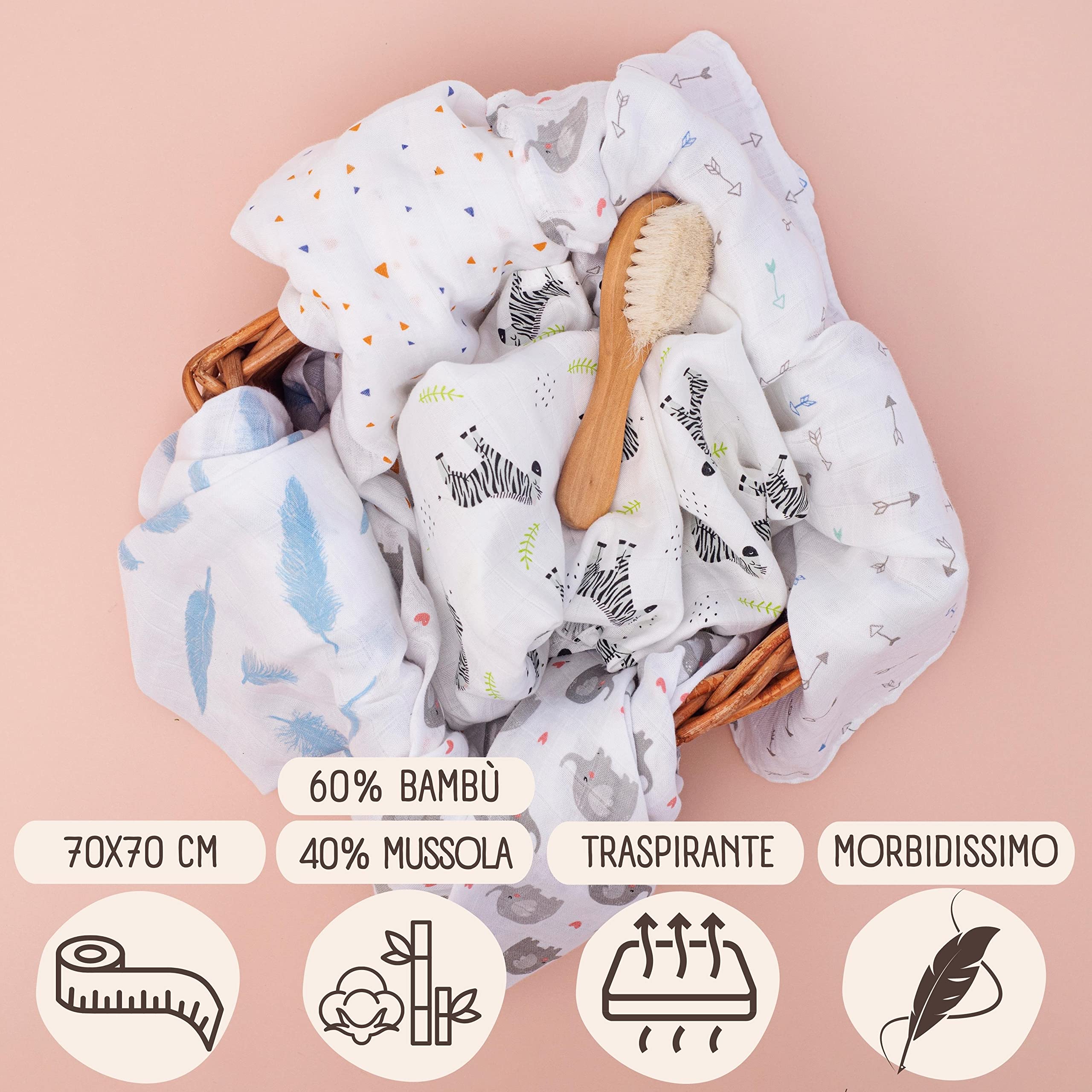 Mussola Neonato in Cotone 70x70 - 60% Fibra di Bambù 40% Cotone - Garze Morbide e Traspiranti per Neonati