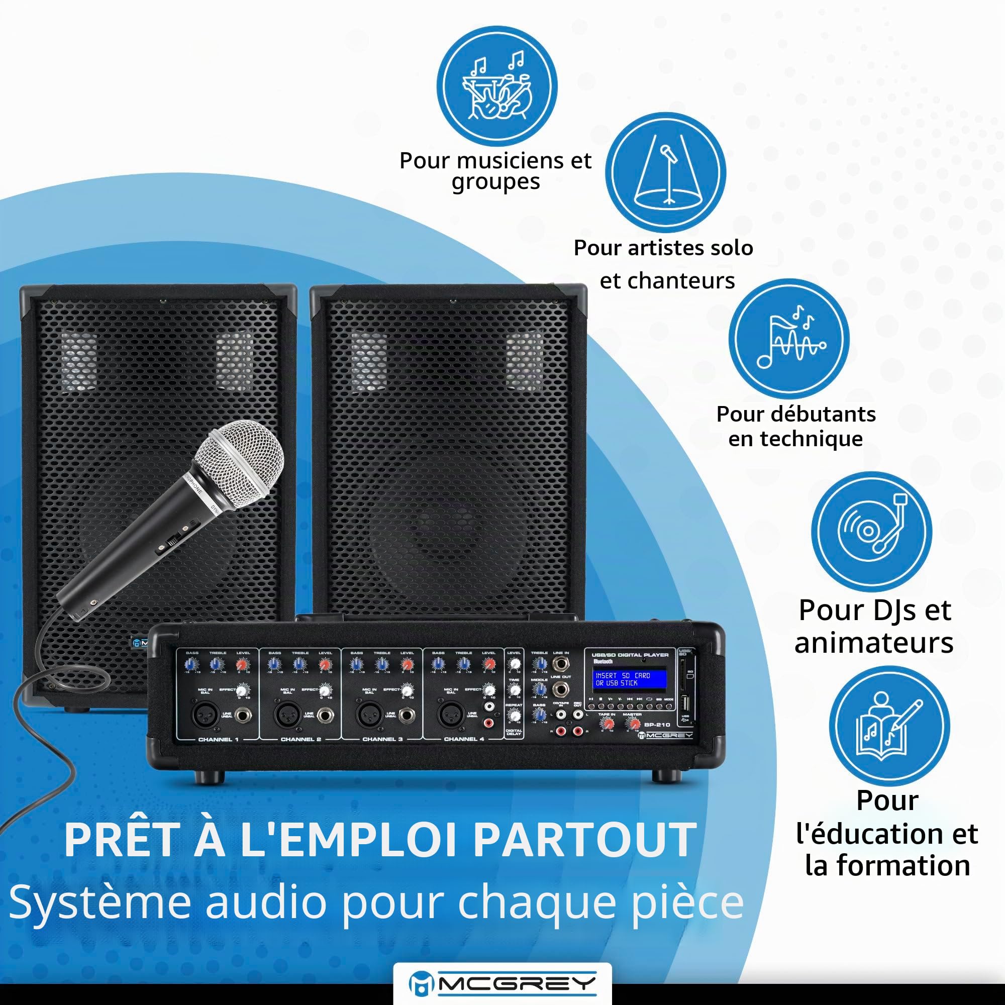 McGrey BP-210 Bandpack Système PA - Mixeur 4 Canaux - Réverbération Numérique - Bluetooth - Port USB/SD - Enceintes 2 Voies avec Woofer 10" et Horn - Inclus Micro, Pieds et Câbles - 100 Watts
