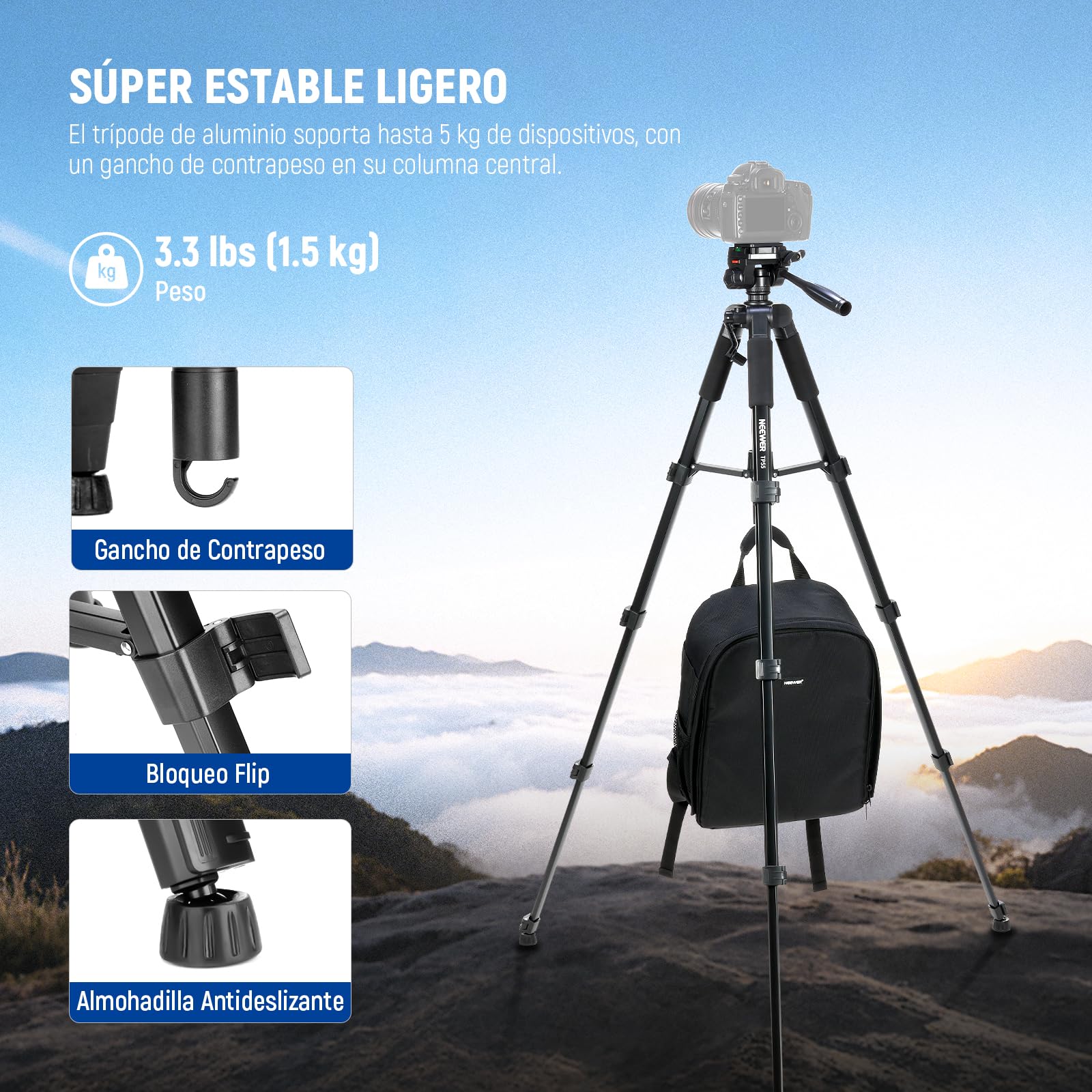 NEEWER BÁSICO Trípode Cámara, 71'' Trípode con Soporte Móvil Montaje Compatible con iPhone para Grabación Vídeo, Soporte Viaje Portátil Ligero Profesional Aluminio con 3 Way Pan Tilt Head, TP55