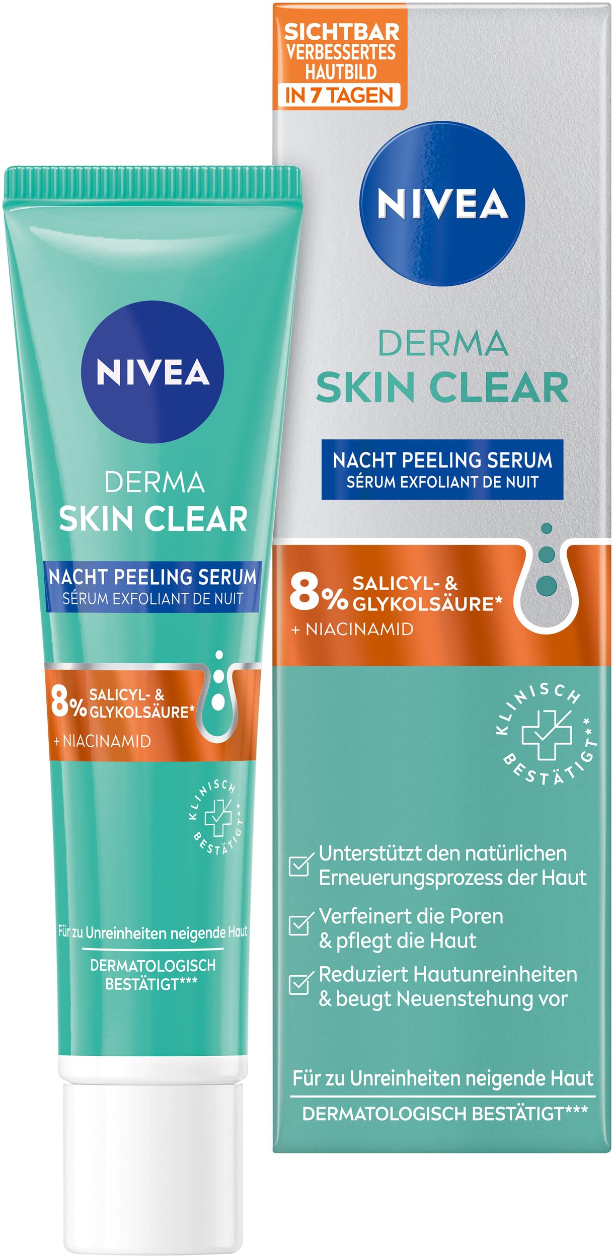 NIVEA Derma Skin Clear Nacht Peeling Serum, Gesichtspflege für ein sichtbar verbessertes Hautbild, porenverfeinerndes Niacinamide Serum Peeling mit AHA & BHA (40 ml)