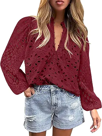 BETTE BOUTIK Women's Long Short Sleeve Tops 2025 Dressy Casual Button Hollow Out Lace Embroidered Blouses Shirts