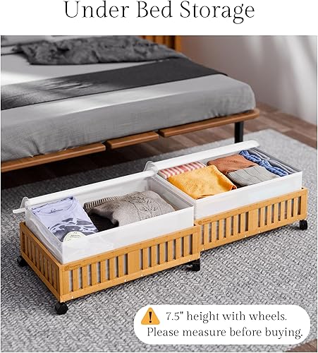 Miniatura 2 de Almacenamiento de bambú (estilo madera) debajo de la cama con ruedas y tapa, contenedor decorativo de madera con ruedas, organizador debajo de la