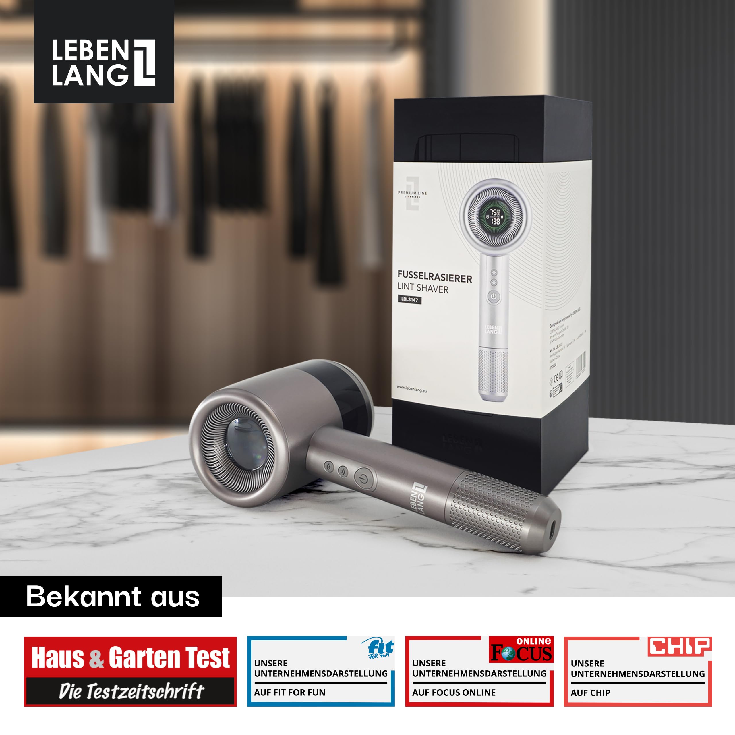 LEBENLANG Premium Fusselrasierer Elektrisch 4000mAh - Inkl. LED Display & Taschenlampe I 5 Modi & 3,5h Laufzeit I Flusenrasierer für Kleidung Fusselentferner Lint Remover Fuselrasier Flusenentferner