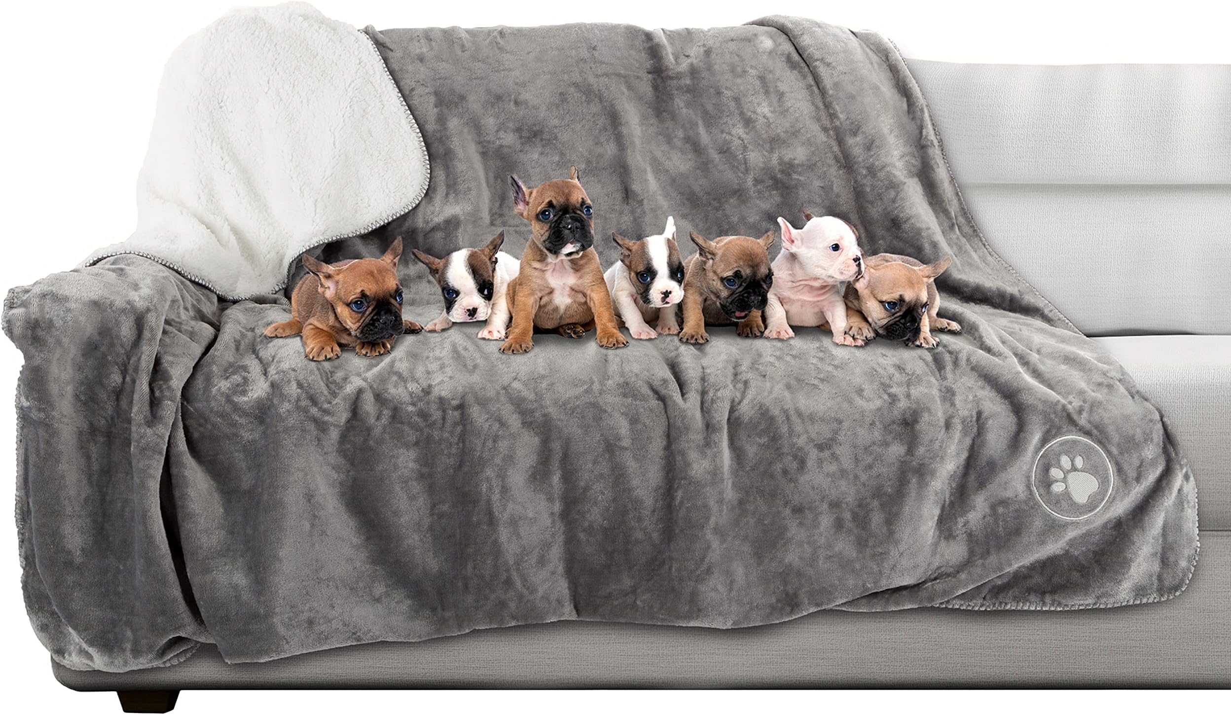 Waterproof Reversible Dog Blanket 60x70 Inches for Couch Bed Car โ Soft Sherpa Fleece Pet Throw Furniture Protector Cover - Washable Pet Blanket for Dogs Cats Home Dรฉcor by PETMAKER (Gray)