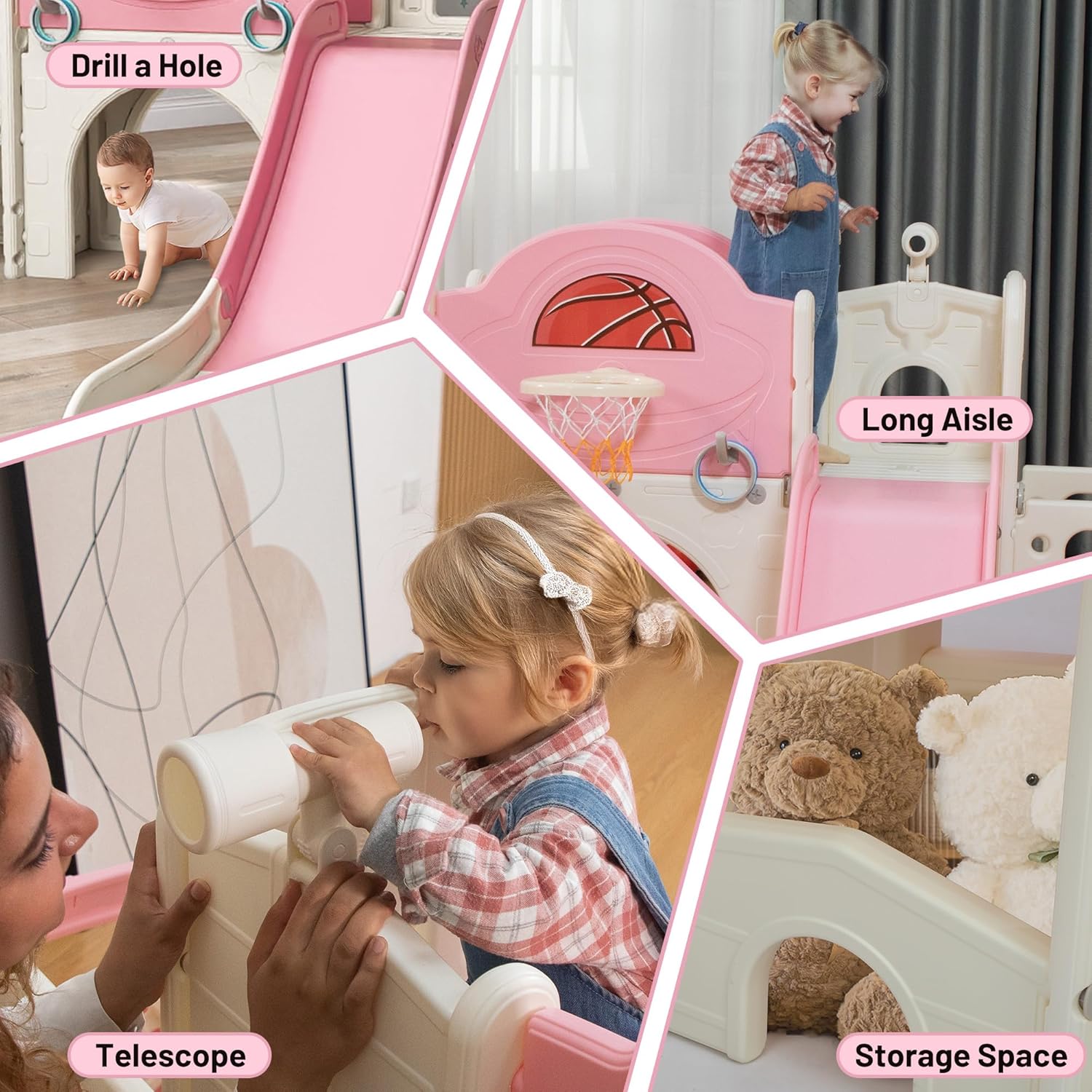 10 in 1 Toddler Slide, Bus-Themed Kids Slide and Climber Playset with Basketball Hoop, Ring-Toss, Car Playhouse, Telescope, Freestanding Indoor and Outdoor Playground for Baby Age 3+ - Image 6