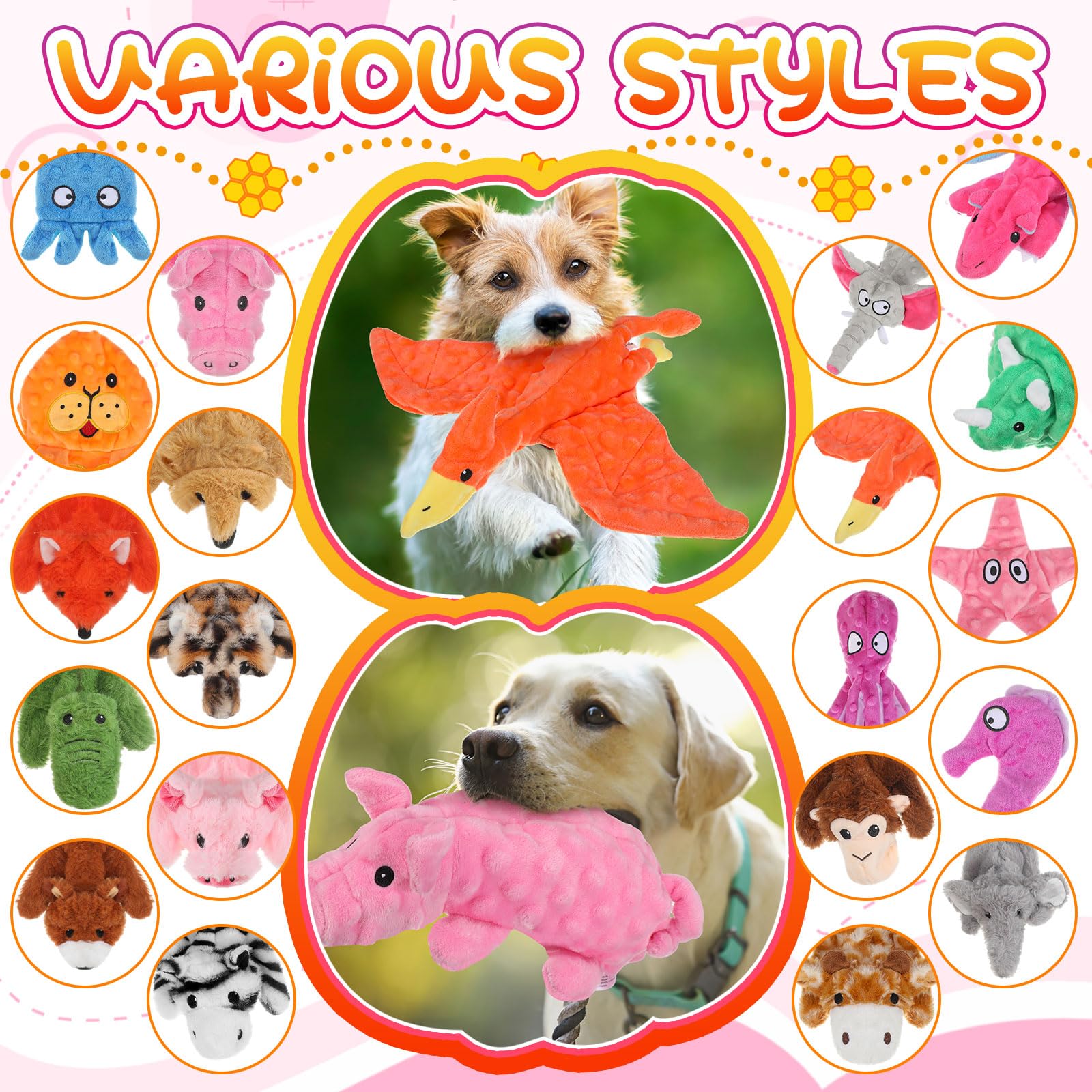 Outus 20 juguetes chirriantes para perros a granel sin relleno para masticadores agresivos, juguetes arrugados para perros, juguetes chirriantes para dentición, juguetes de peluche para perros