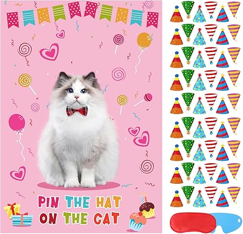 Hxezoc Pin The Hat on The Cat Party Games para niñas, póster grande de juegos de gatos para niños, decoración de fiesta de cumpleaños con temática