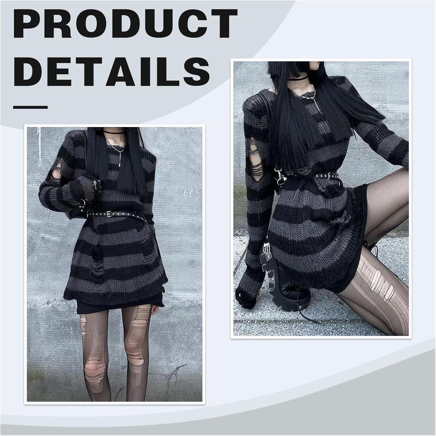 Goth Y2K Striped Sweater with Belt Ripped Punk Gothic Long Sweaters Grunge Distressed Halloween Pullover Tops for Women - Image 6