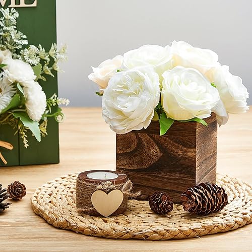 Miniatura 4 de Dandat Juego de 12 macetas de madera en forma de cubo de madera, jarrón cuadrado de madera, caja rústica con forro de plástico extraíble, bloques de