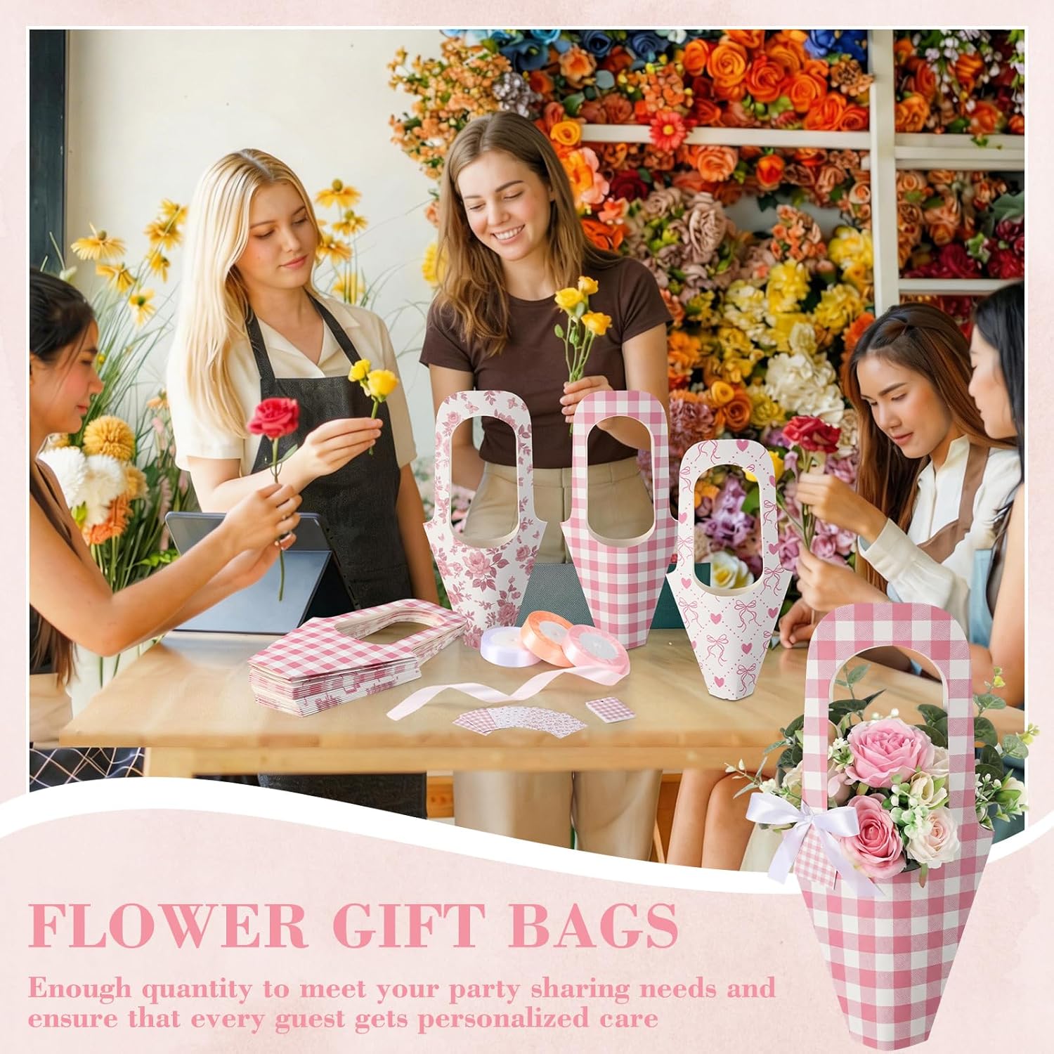 FunooFuno 24 Set Flower Bags for Bouquets Bouquet Holders with Handle Floral Sleeves Kraft Paper Bags Ribbons Gift Cards for Mother's Day Wedding Bridal Baby Shower Florist Bar Supplies(Pink Bow)