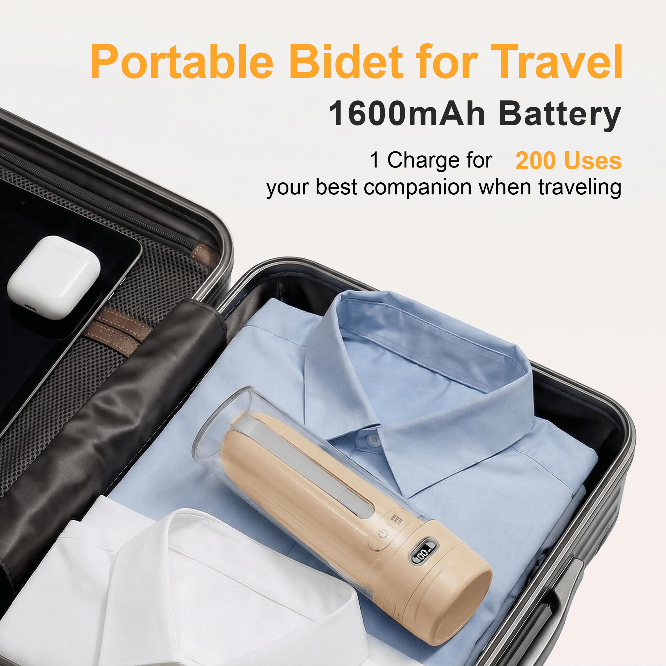 Bidet elettrico portatile per post-partum e donne, spruzzatore portatile silenzioso con 3 modalità di pressione, 1600 mAh ricaricabile USB-C, impermeabile IPX7 (arancione chiaro)
