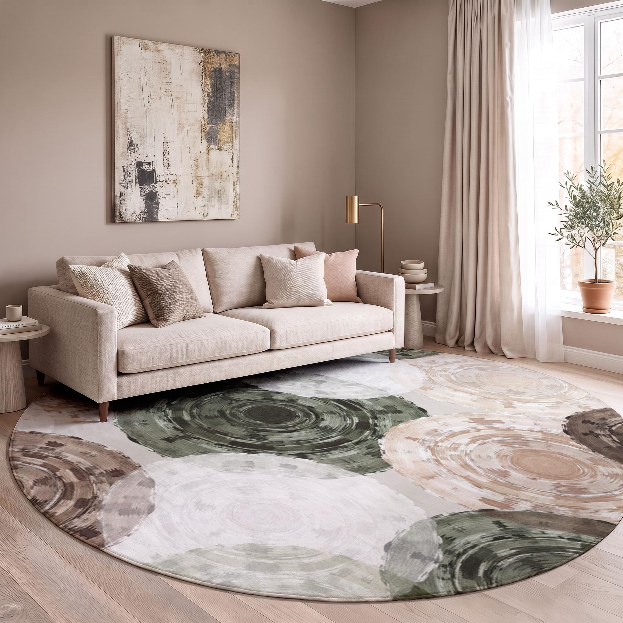 Tapis Texture des Anneaux d'arbre Rond 100cm | Art Abstrait Nordique Antidérapants Salon Lavables Tapis Ronds à Poils Courts Ronds Doux Vert Olive pour Chambre à Coucher