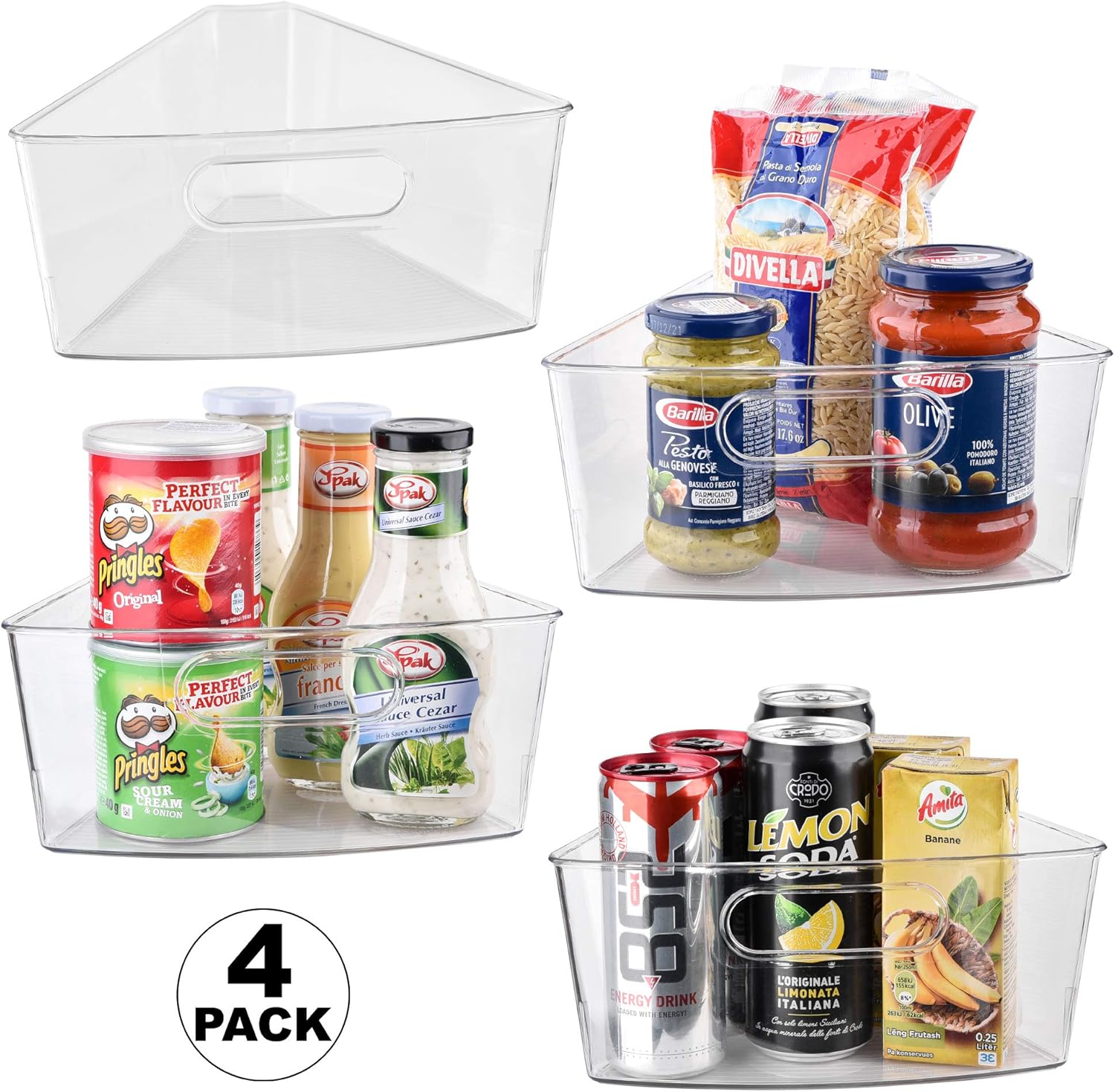 Sorbus Wedge Storage Bin Organizer Lazy Susan organizer with Front Handle for Corner Cabinet, Great Sector Shaped Container Bins for Kitchen, Pantry, Bathroom, Clear Plastic (4-Pack)