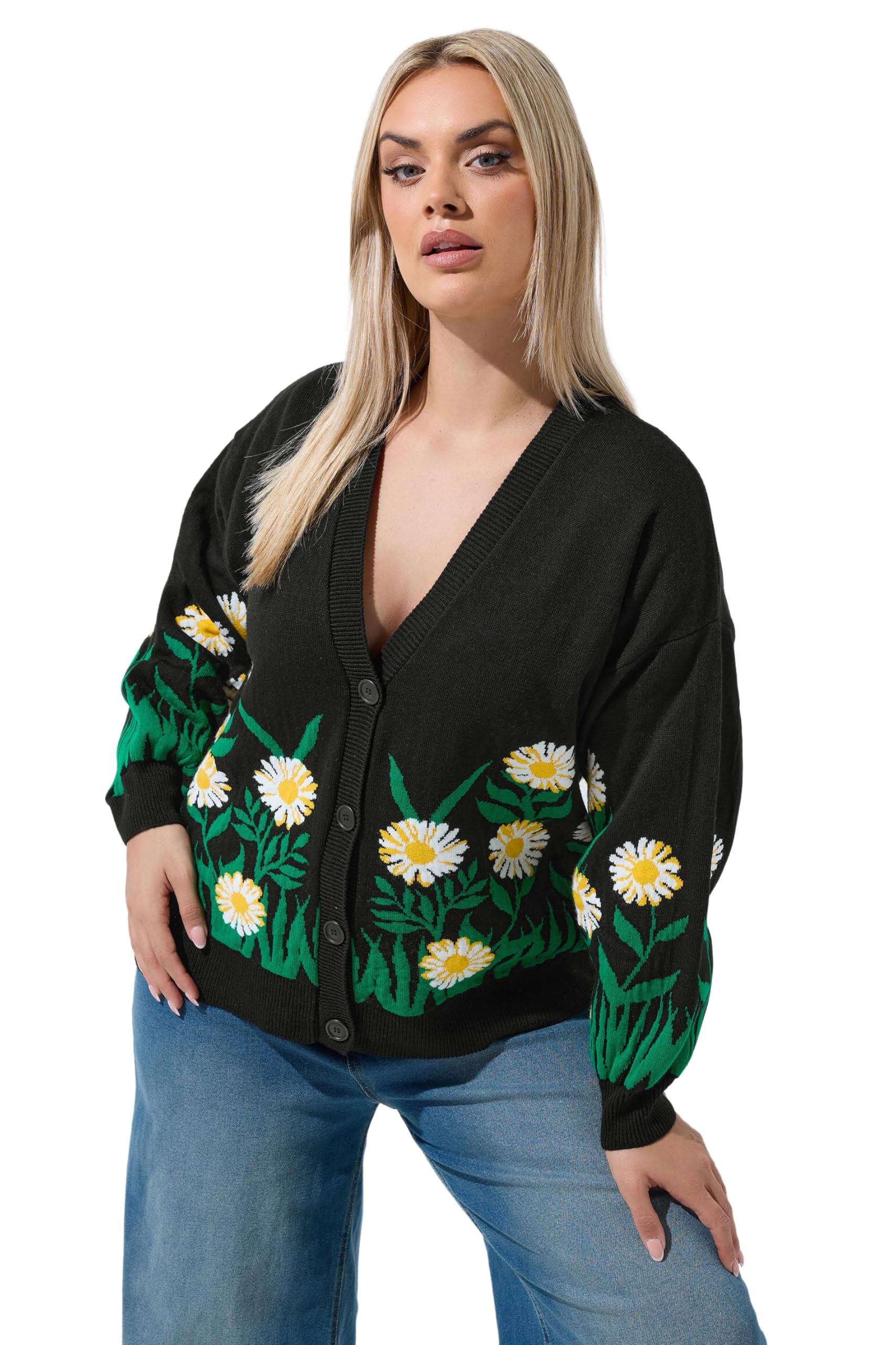 Yours Women's Black Floral Knitted Cardigan Sweater In | Size: 22-24