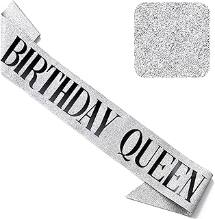 CORRURE 'Birthday Queen' Sash Glitter with Black Foil - Silver Glitter Happy Birthday Sash for Women - Party Favors Supplies and Decorations for Sweet 16, 18th 21st 30th 40th or Any Bday Party
