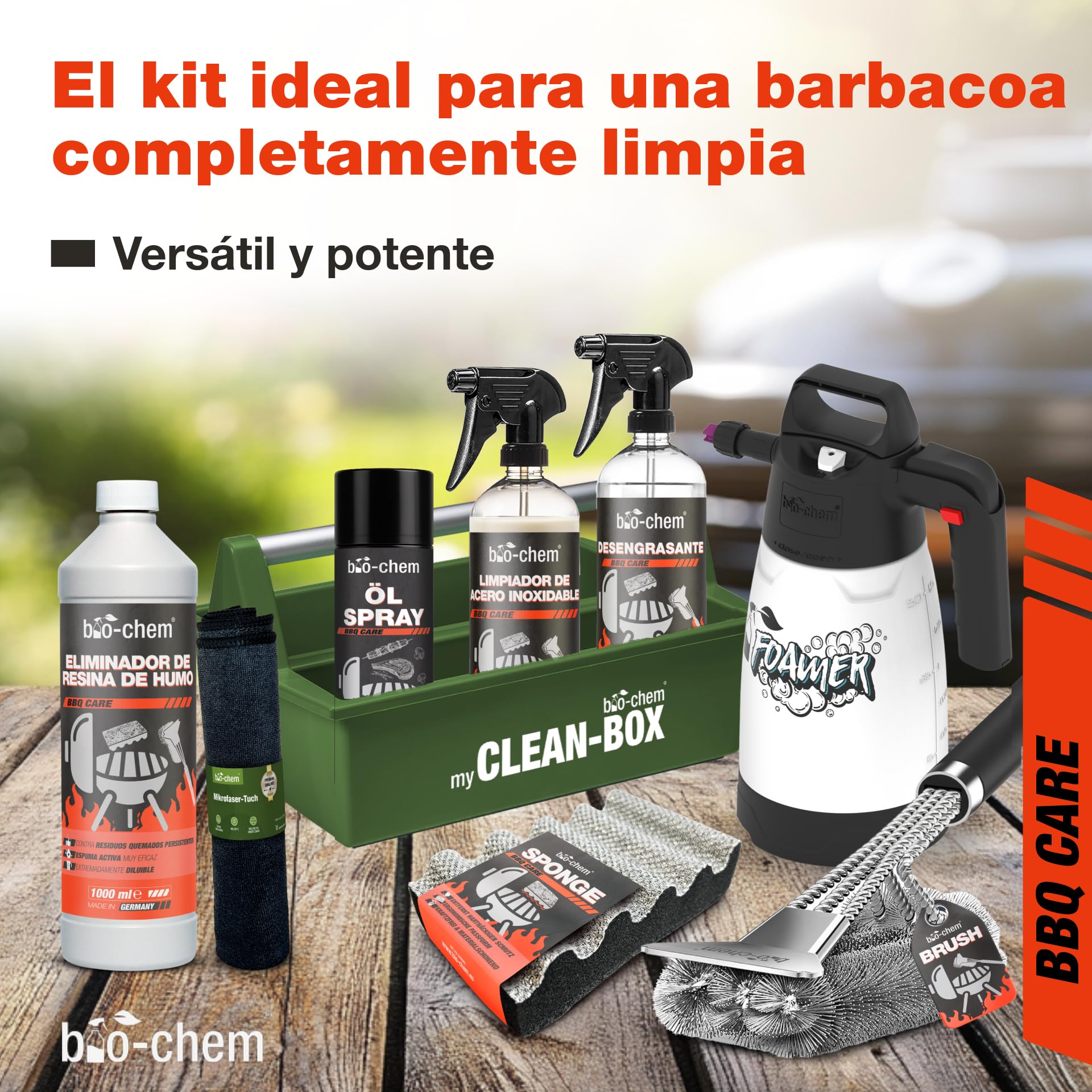 Bio-Chem - Kit Limpieza Barbacoa con pulverizador de Espuma 9 pz: Limpiador Resina 0,5L - Desengrasante Superficies BBQ 750ml - Spray per INOX 750ml - Spray di Aceite 200ml - con Accesorios
