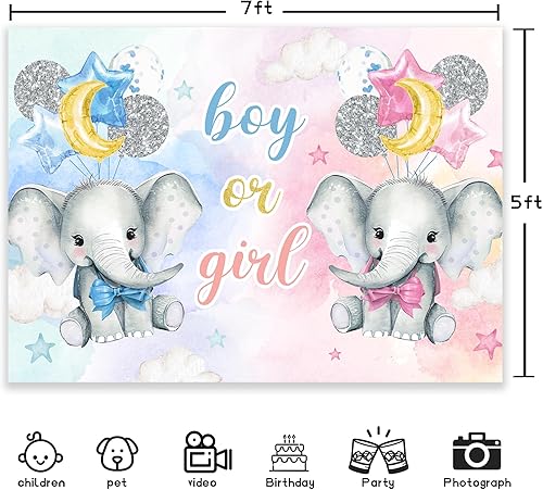 Miniatura 3 de Newsely Telón de fondo de revelación de género de elefante, 7 pulgadas de ancho x 5 de alto, fotografía de niño o niña, globos plateados, rosa,