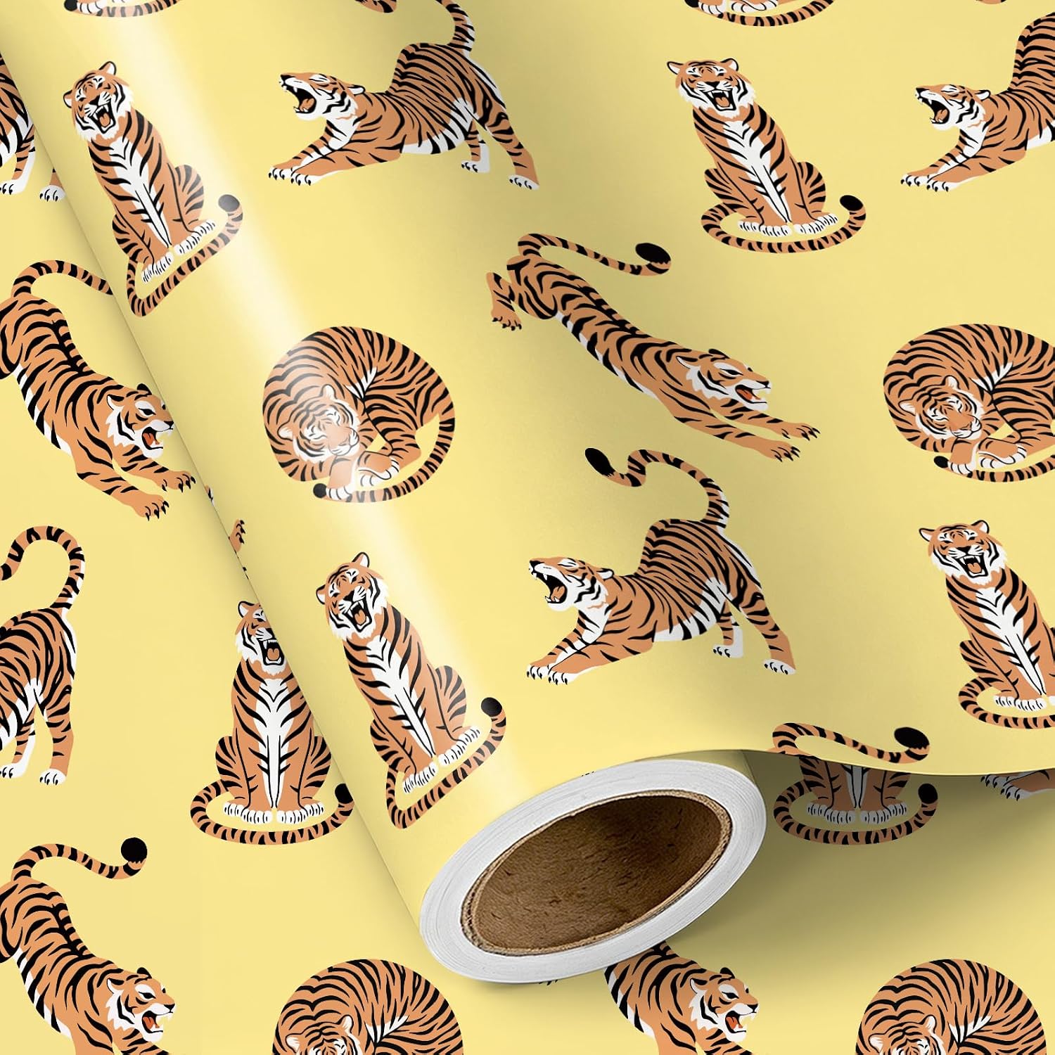 RUSPEPA Tiger Wrapping Paper Roll, Mini Roll, Orange Tiger Animal Design, Yellow Gift Wrap Paper for Kids, Boys, Birthday, Safari Animal Party, Baby Shower, Holiday, 17 Inches x 9.8 Feet