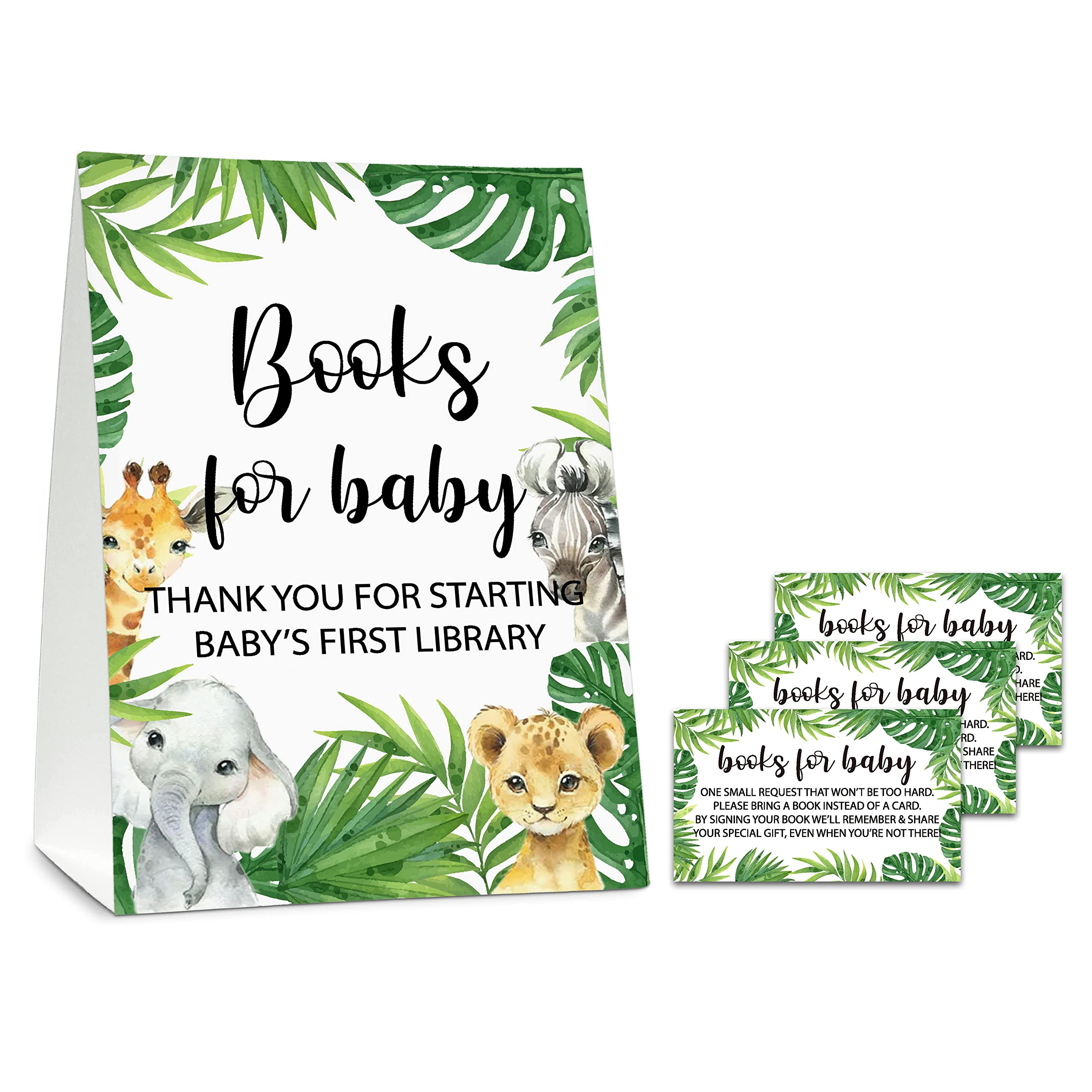 Book Request Sign For Baby shower Party, Jungle Animal Theme Baby Shower Books For Baby Card- 1 Standing sign And 50 Cards For Gender Neutral Baby