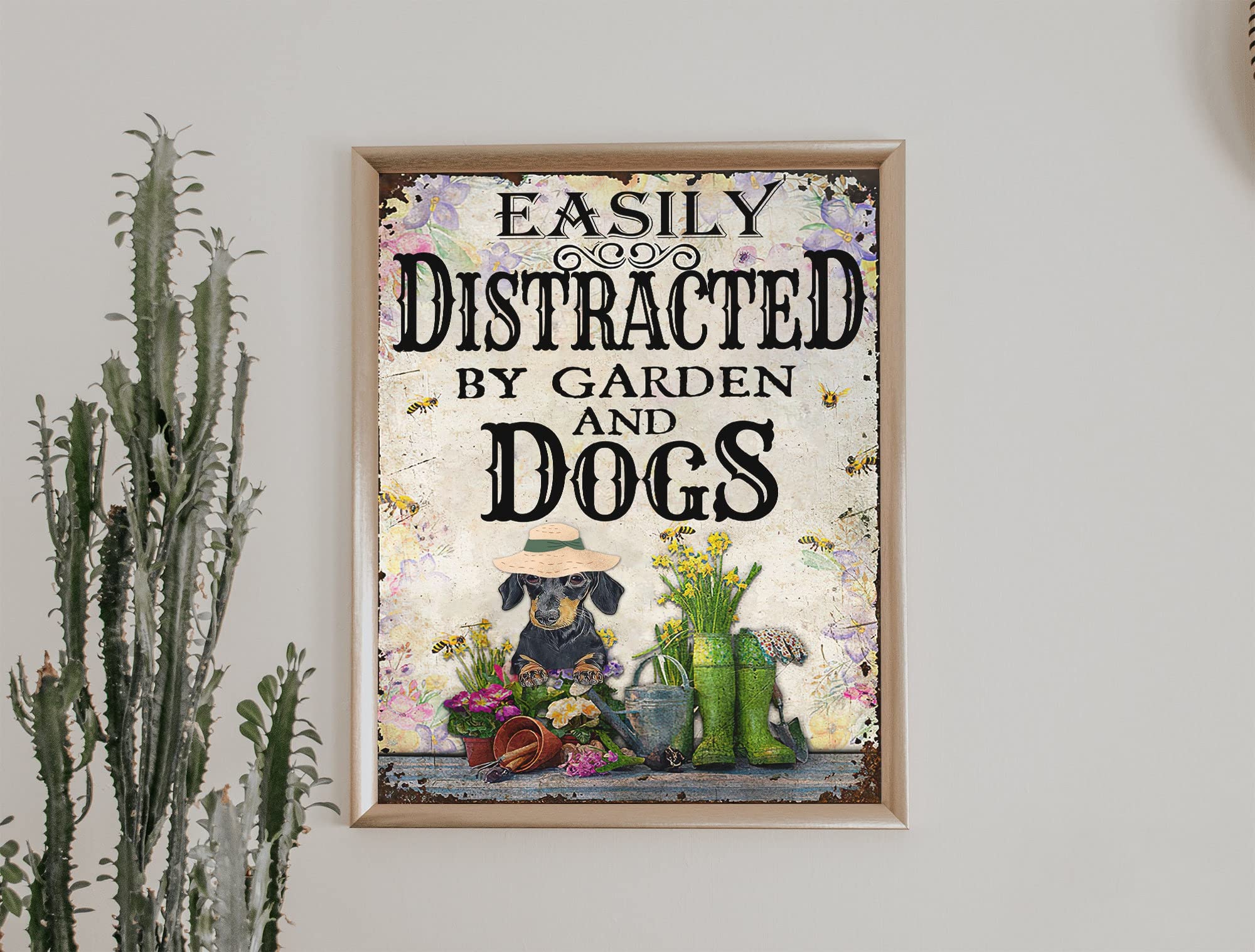 Niekea Vintage Metal Tin Sign Easily Distracted By Dogs And Gardening Vintage Poster, Funny Dog Gardening Poster, Gardener Dog Poster, Love Dog And Gardening Poster Tin plaque 12x8 Inch