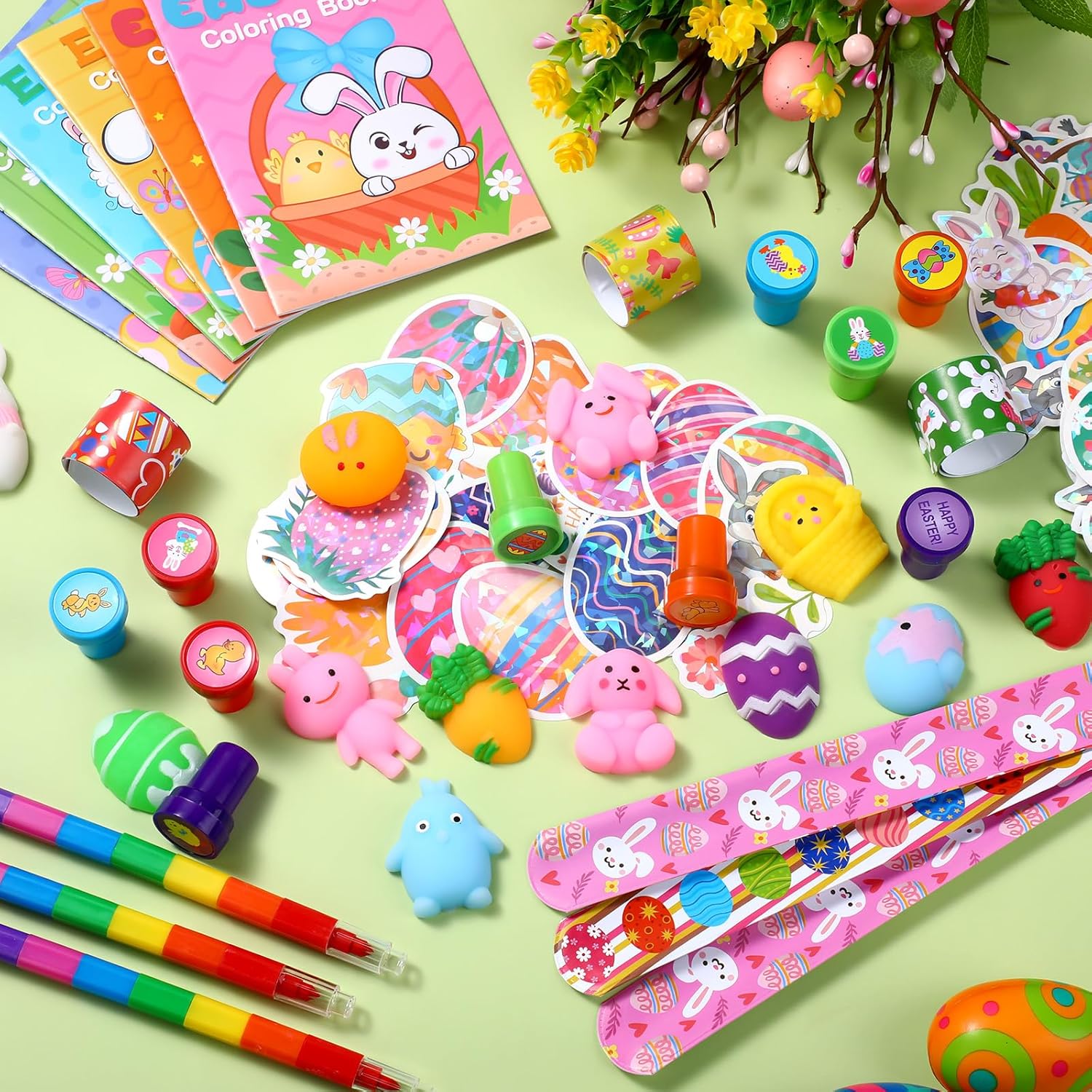 Seajan 110 Pcs Easter Party Favors Gift Set Easter Bunny Coloring Book Bulk Crayon Bracelet Stress Ball Sticker Stampers for Egg Basket Stuffer Classroom Activities Prizes Goodie Bags Fillers