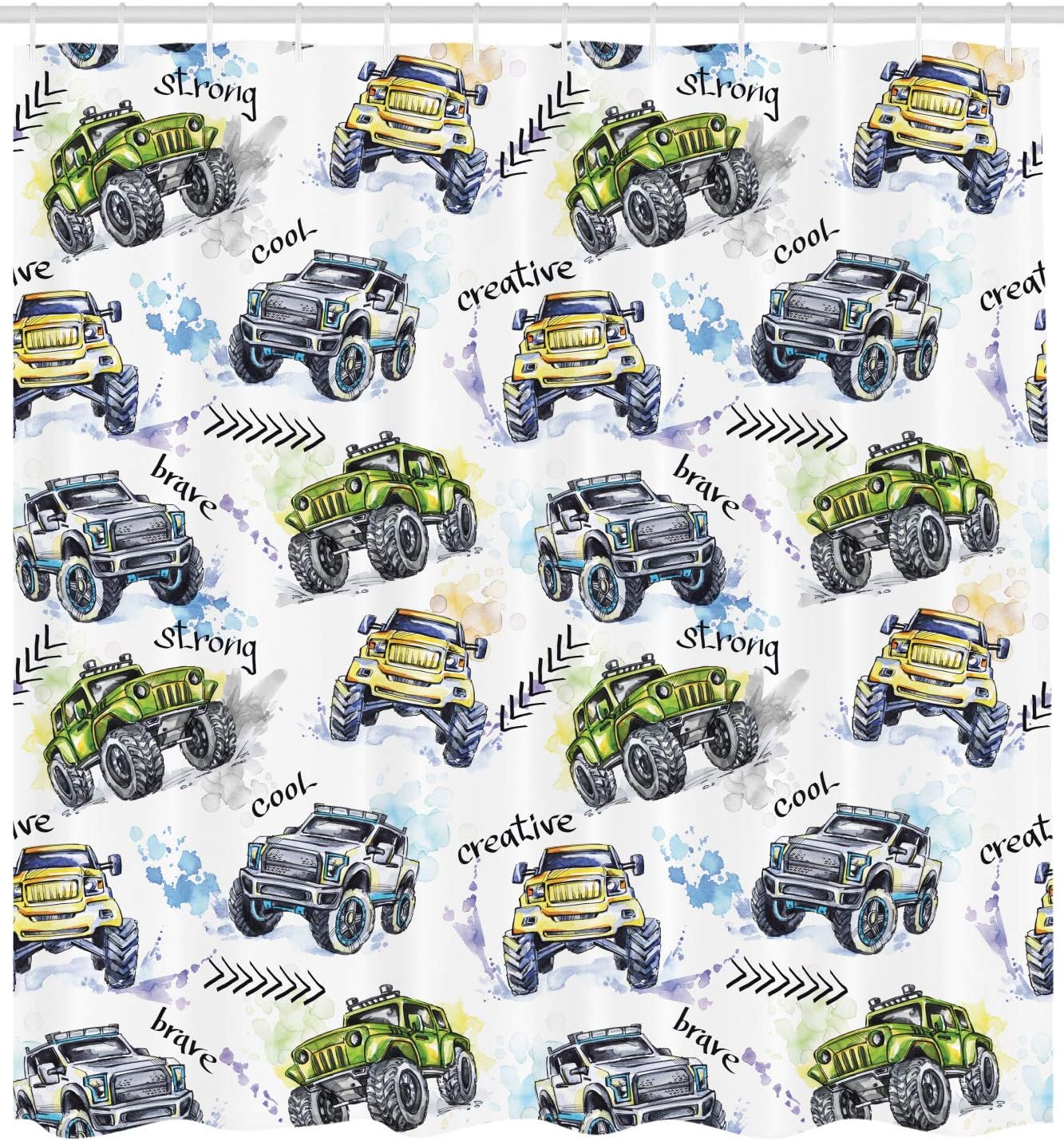 Ambesonne Cars Shower Curtain, Hand Drawn Watercolored Monster Trucks Enormous Wheels Off Road Lifestyle, Cloth Fabric Bathroom Decor Set with Hooks, 69" W x 75" L, Yellow Lavender Blue