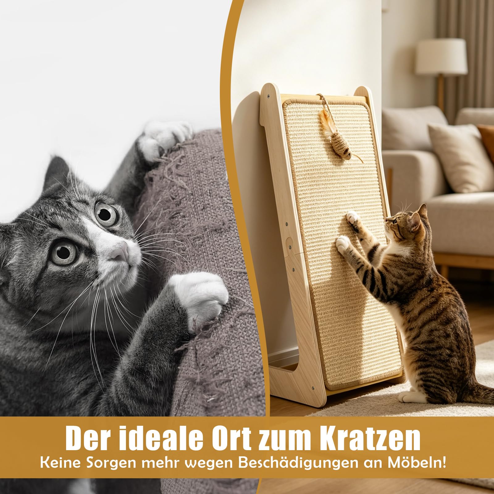 Dual-Use Kratzbrett Katze Sisal Kratzbretter L-förmiger Kratzpappe Groß 69cm Hohe Kratzpads für Wand, Ecke, Sofa, Mit Katzenspielzeug, Hochdichtes Verschleißfestes