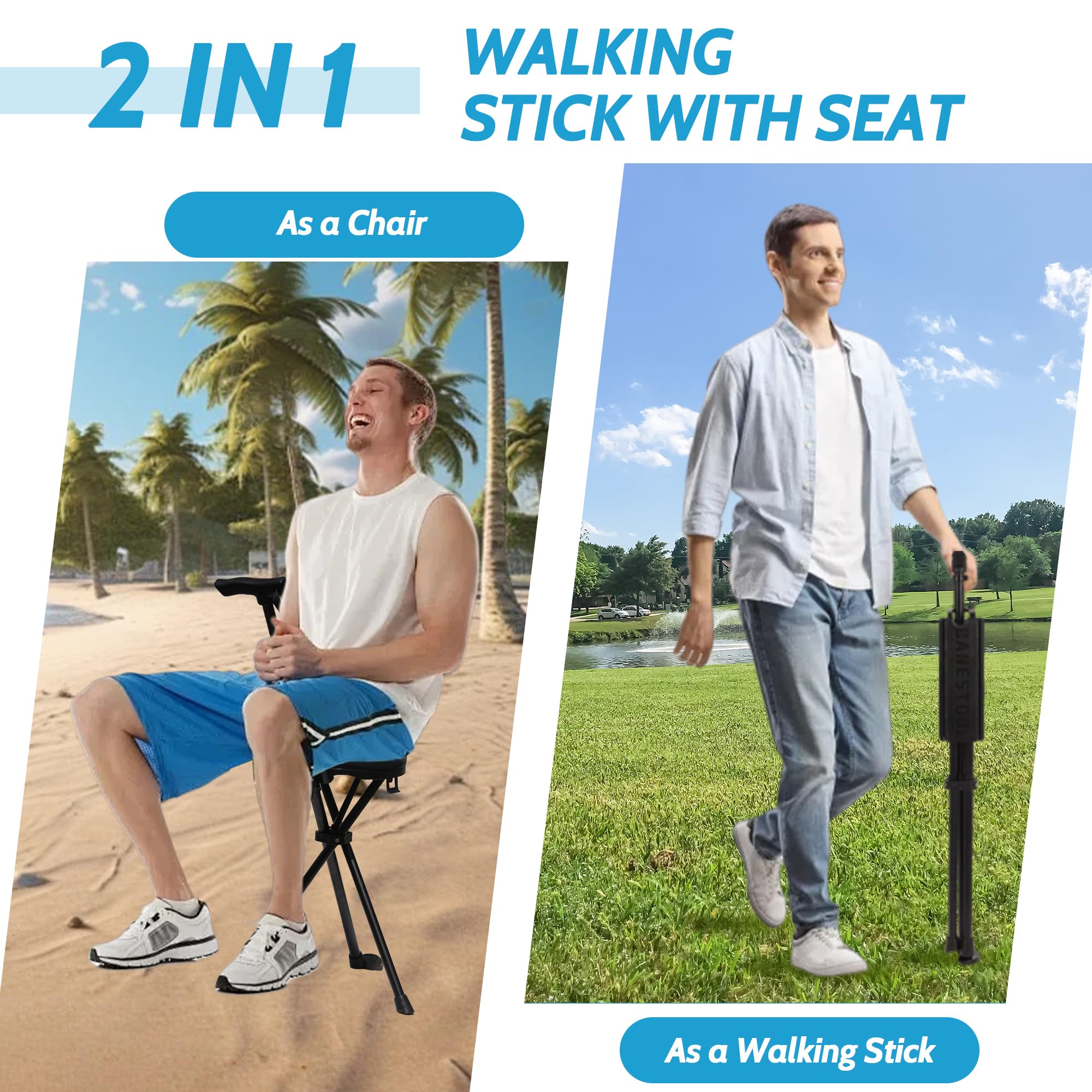 Bastone da passeggio pieghevole portatile 2 in 1 – Bastone da passeggio regolabile e sedile con cuscino non rimovibile, fino a 250 kg, leggero aiuto per la mobilità con base antiscivolo e