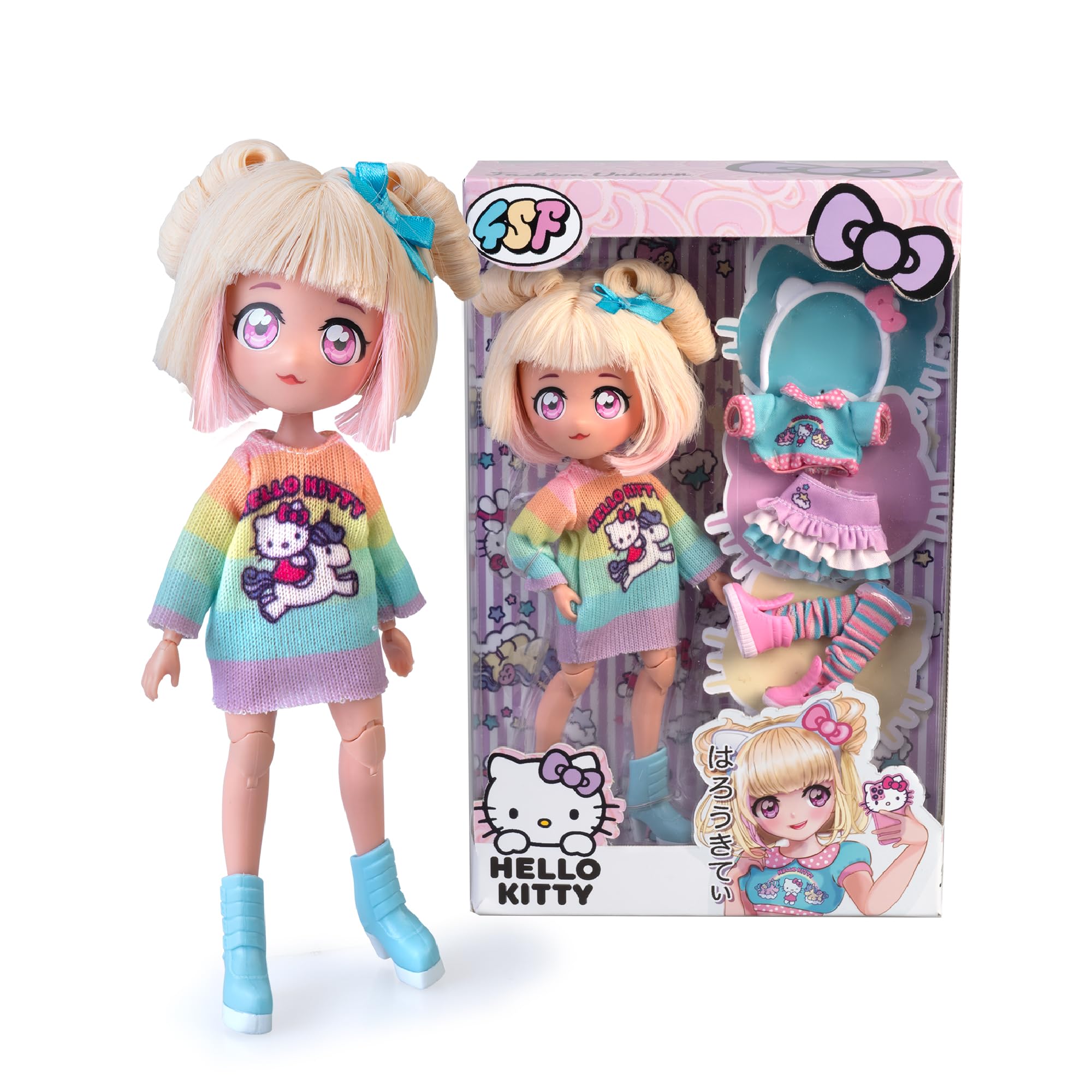 4SF - Hello Kitty Manga Fashion Unicorns, Muñeca Fashion Japonesa, Figura de 19,5 cm con 15 Puntos de Articulación, Incluye Falda Ra-Ra, Calentadores y Diadema con Orejas, Famosa (HKTF2000)