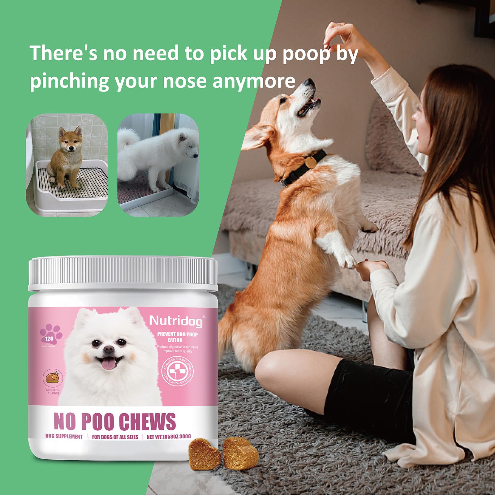 Masticables sin caca para perros, 120 unidades, sabor a pollo, disuasorio para la coprofagia y las heces con probióticos, enzimas digestivas y ayuda para la respiración, deja de comer caca
