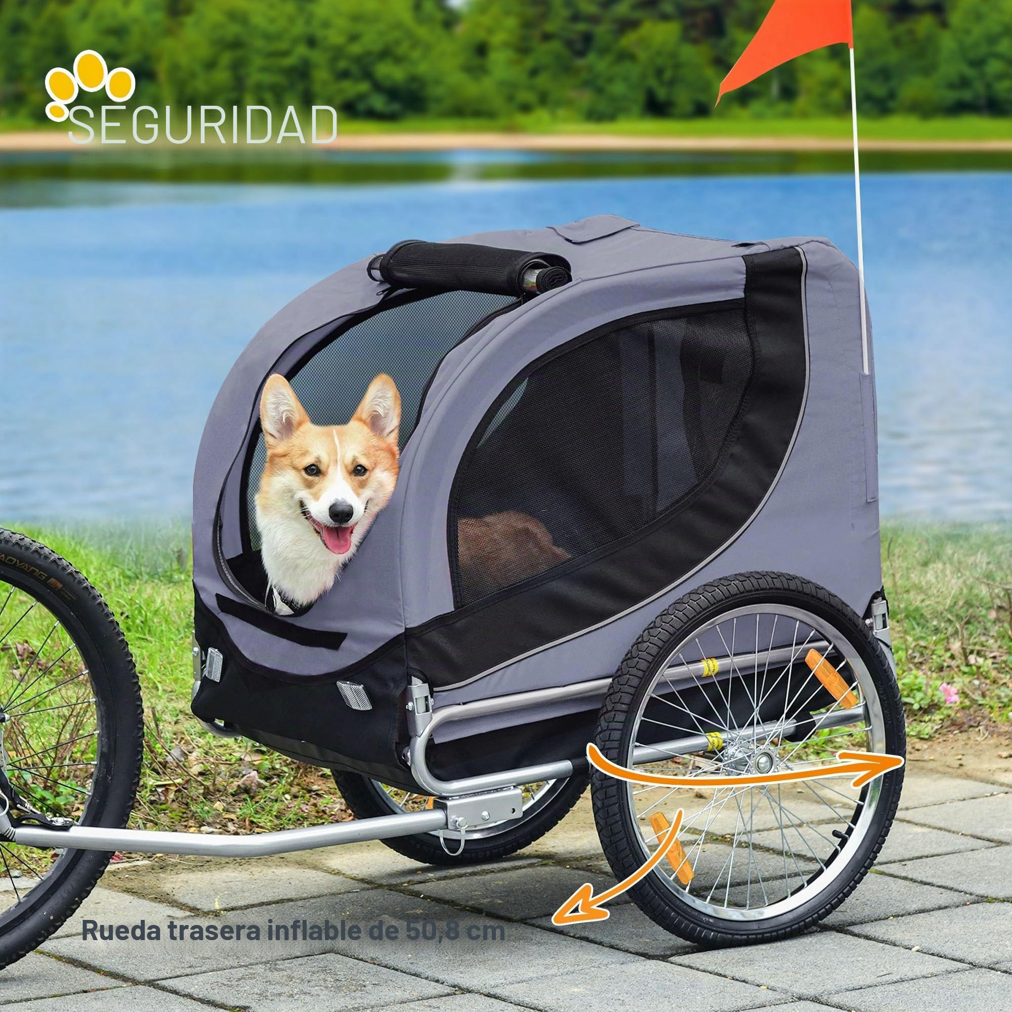 PawHut Remolque Mediano para Bicicleta de Perro con Ventanas Laterales y Bandera, Remolque para Bicicleta de Acero y Tela Oxford, 130x73x90 cm, Gris y Negro