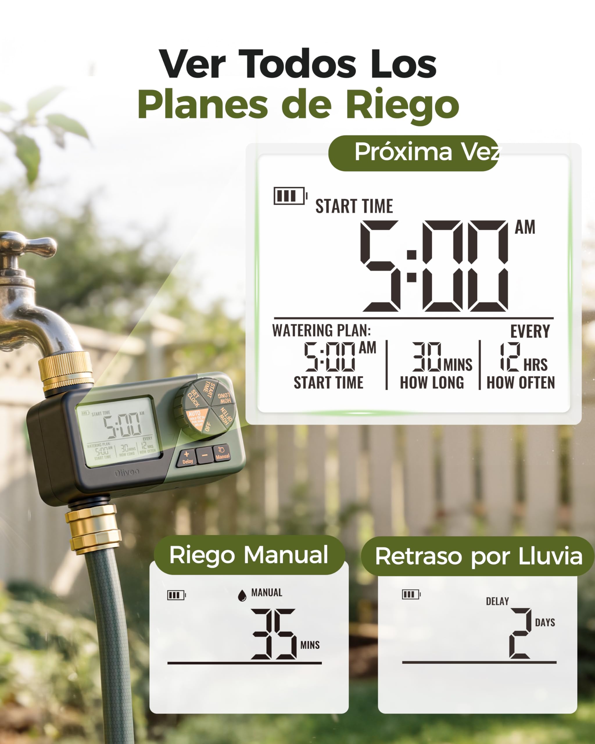 Diivoo Programador Riego con Entrada y Salida de Latón, Temporizador Riego Automatico con Impermeable IP66, Retraso por Lluvia, Riego Manual, Programador de Riego a Pilas para Jardín, Césped
