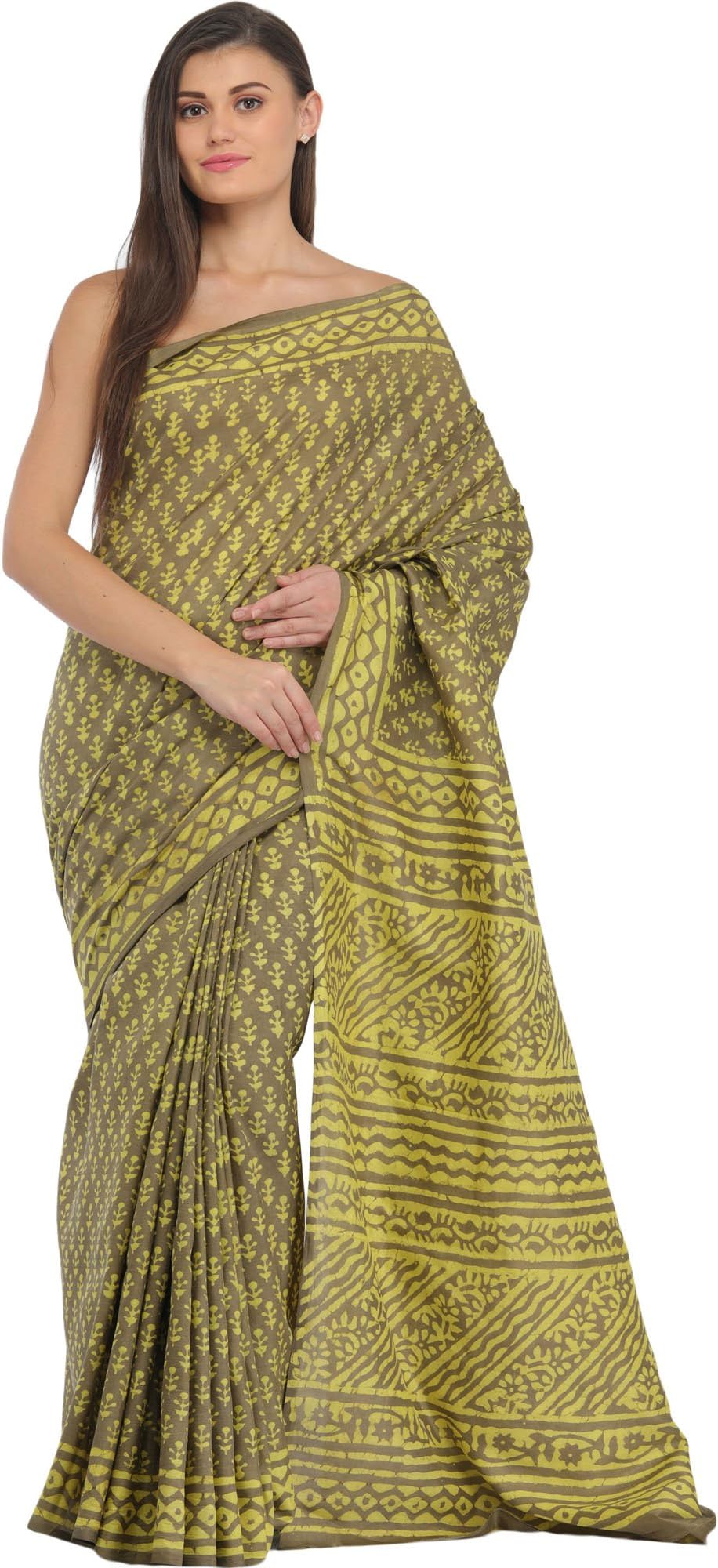 Exotic India Gothic-Olive Bagdoo Block-Printed Sari from Madhya Pradesh - Green