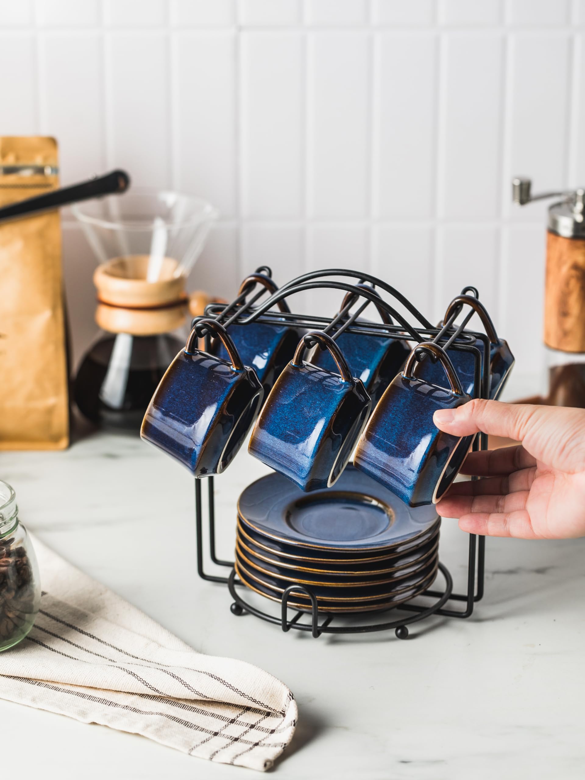 YHOSSEUN Juego de 6 tazas de café Expresso Shots de 4 onzas, taza de café pequeña con soporte de metal Sacuers, tazas de espresso de cerámica para capuchino, latte, café moca y té, azul