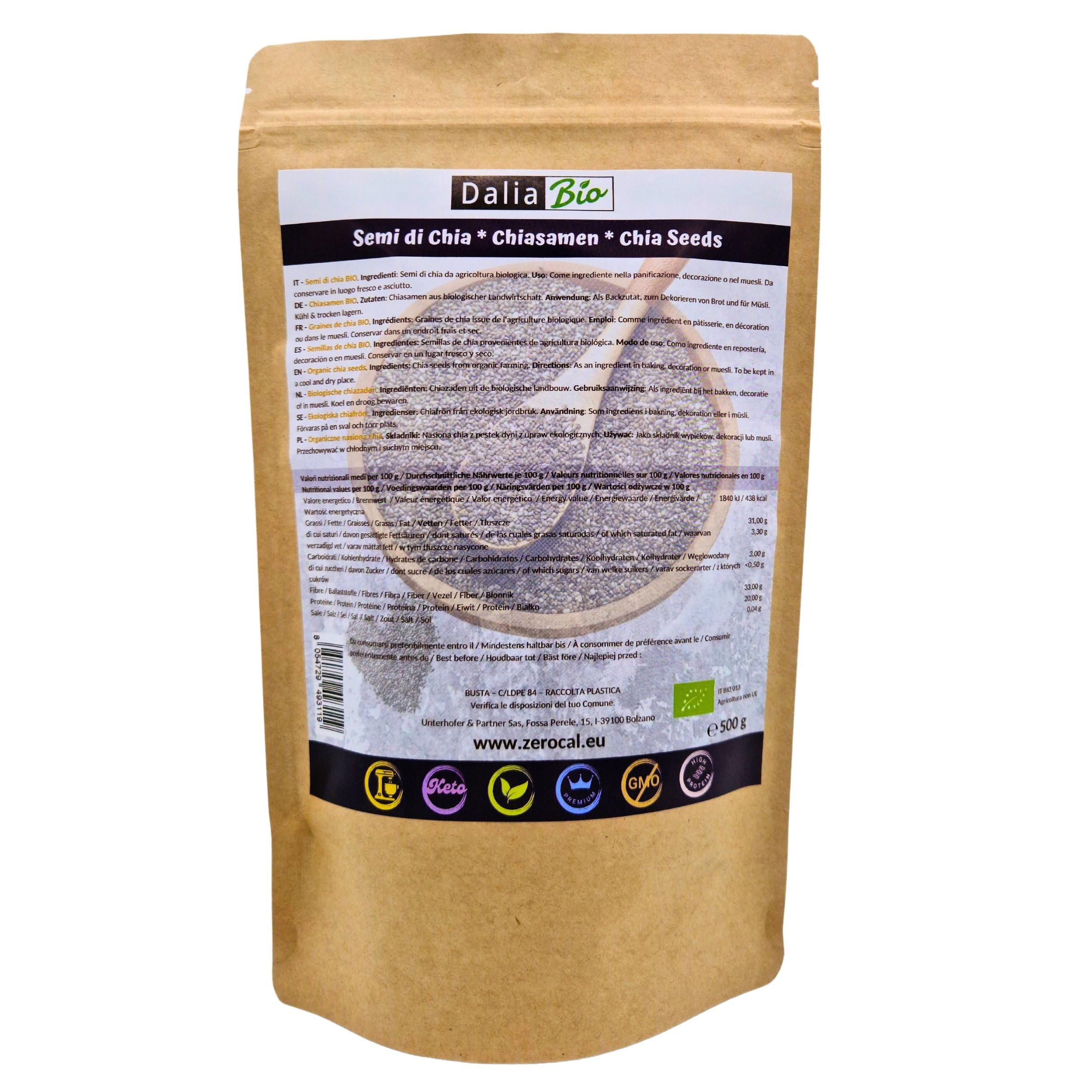Semillas de Chía BIO 500g Salvia hispanica Orgánica Proteínas Omega 3 Vegano sin gluten