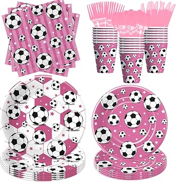Soccer Party Decorations Tableware Girls for Birthday Baby Shower - Pink Sports Theme Soccer Birthday Party Supplies, Paper Plates and Napkins Set, Cup, Cutlery | Serves 24