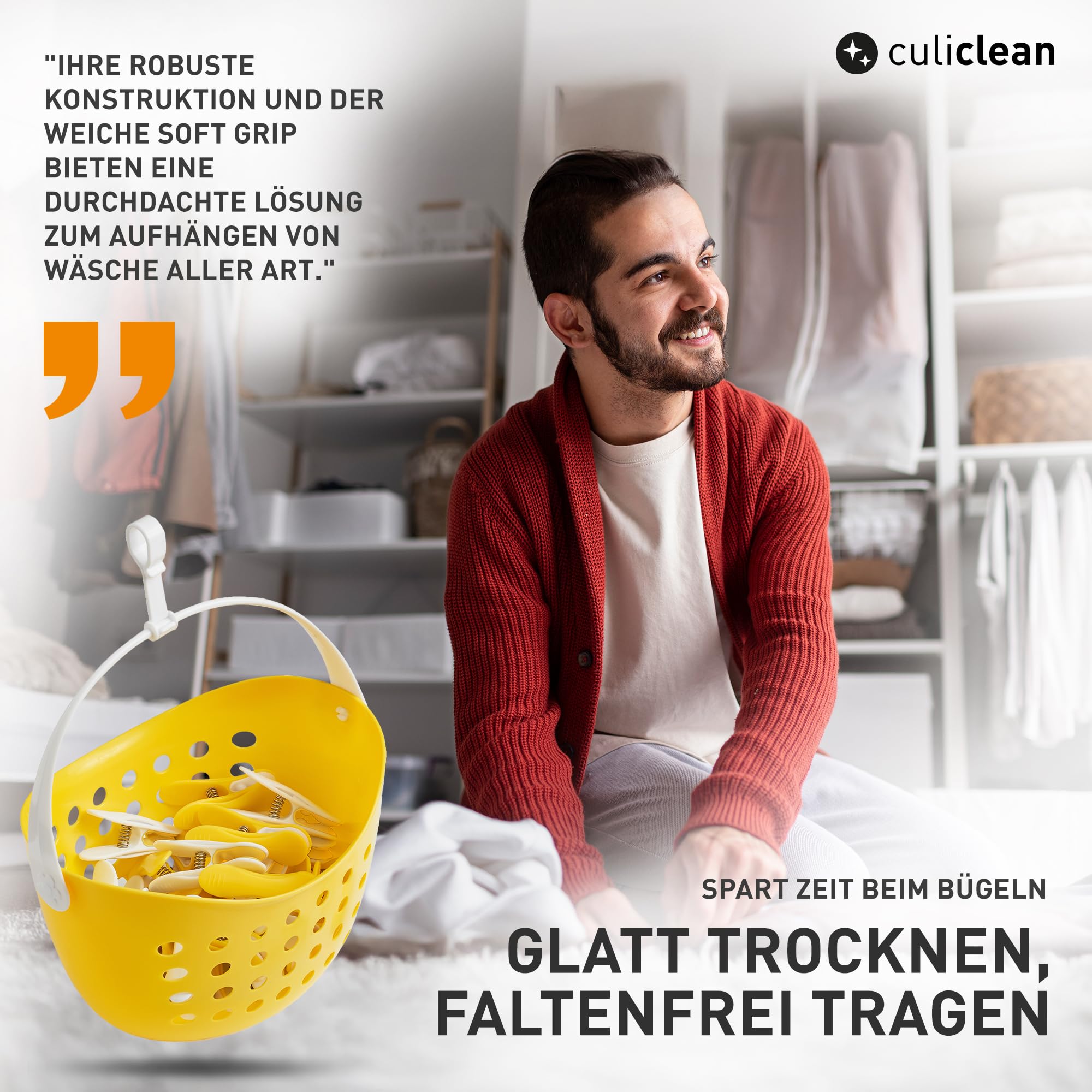 culiclean Wäscheklammern mit Korb, 40x + 1 Korb, schwarz-Weiss | Klammerkorb und stabile Soft Clips ohne Abdruck – Softgrip, robust, UV-beständig, wetterfest, Made in France