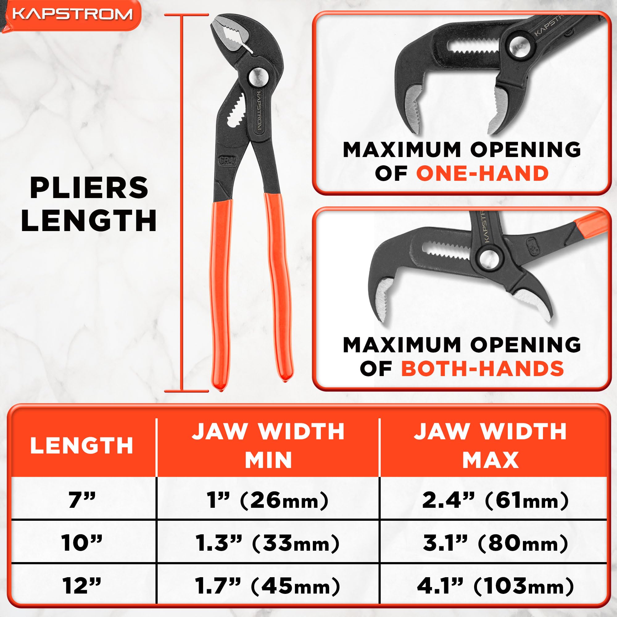 KapStrom 3-Pc Water Pump Pliers Set (7", 10", 12"), Non-Slip Plumbers Wrench w/Adjustable Jaws - Image 3
